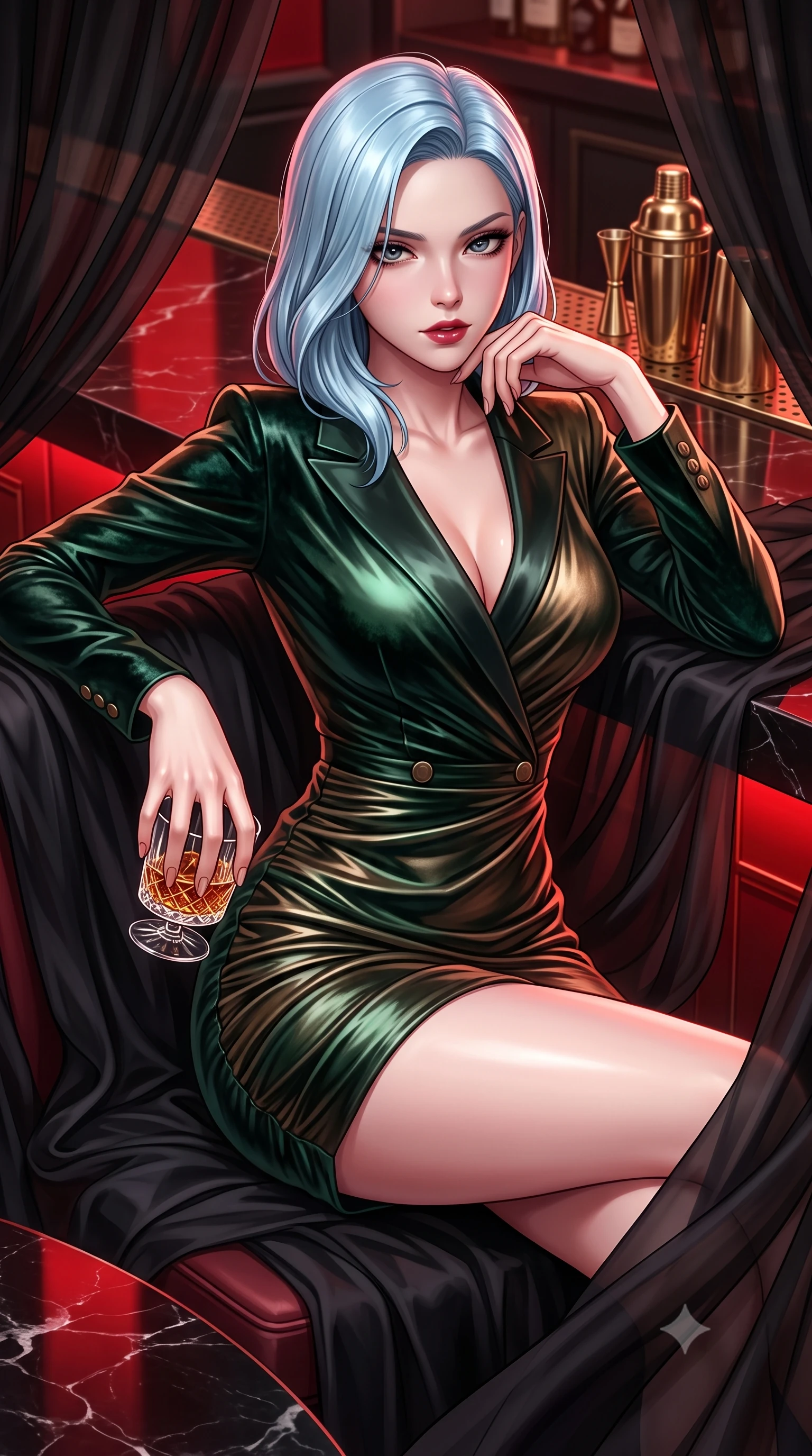 score_9, masterpiece, best quality, ultra-detailed, high-budget anime keyframe, semi-realistic 3D game render, editorial fashion photography, tasteful artistic composition, Korean woman. close-up cowboy shot from the waist and thighs up, the character dominates the composition, filling the frame with her large presence. twisting her slender torso in an alluring contrapposto stance, one hand resting on her sculpted hip while holding a crystal glass with effortless poise while lounging in a private booth draped in black sheer silk, resting her chin on her fingers while gazing directly into the camera with bedroom-eyes. The surrounding environment is rendered in vivid detail and crisp panoramic clarity. sharp glossy red lacquer reflections, dark polished marble grain, and brass cocktail shaker hardware in deep focus. She has an exceptionally elegant, slender, and willowy female figure with an ultra-slim waist, flat toned midriff, narrow ribcage, and sculpted feminine hips creating an alluring, slim hourglass silhouette without bulk. sharp v-shaped jawline, high-bridge nose, intricate jewel-like dark sparkling eyes with dangerous depth, thick curled eyelashes, glossy parted lips with a rich wine sheen, smoldering seductive half-smile with bedroom-eyes, exuding effortless superiority and intoxicating dark allure, flawlessly proportioned anatomical accuracy, strict slender model proportions, natural body alignment, perfectly sculpted long slender limbs, ultra-slim waistline, clean dynamic posture without body distortion. wearing a liquid-look vinyl mini dress with an asymmetric neckline and hip-defining side ruching in dark emerald green and brushed antique bronze, tailored from crushed dark velvet with deep light-absorbing plush texture, finished with sharp tailored peak lapels and subtle horn button accents, the form-fitting cut adhering flawlessly to her sculpted flat midriff and slender torso, emphasizing her long leg lines and perfectly proportioned willowy build. illuminated by sharp specular highlights on skin and dark scarlet rim light sculpting her sculpted midriff, narrow waist, and curvy hips. highly saturated vibrant anime colors, detailed shading with soft gradients, rich glossy textures, high-contrast stereoscopic depth, volumetric dynamic lighting, master piece, 9:16 ratio