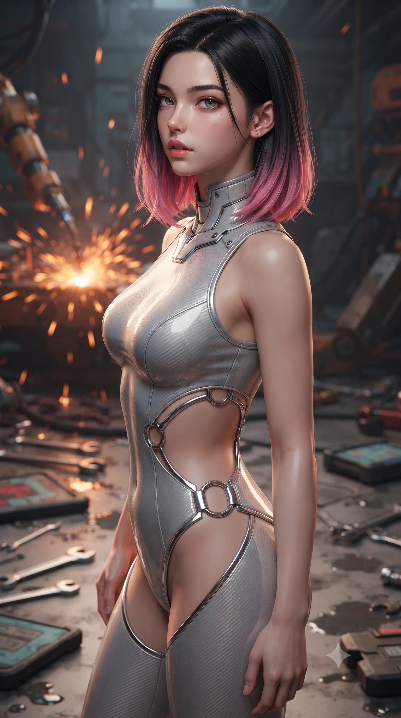 score_9, masterpiece, best quality, ultra-detailed, high-budget anime keyframe, editorial fashion photography, tasteful artistic composition, Korean woman. close-up cowboy shot from the waist and thighs up, the character dominates the composition, filling the frame with her large presence, background elements kept in soft focus. turning her face in profile to look over her shoulder, casting a smoldering side gaze with lips slightly parted, the background shows a soft-focus a mech maintenance trench filled with tools and leaking synthetic hydraulic oil. She has an exceptionally elegant, slender, and willowy female figure with an ultra-slim waist, a gracefully sculpted slender torso, and a refined silhouette. sharp v-shaped jawline, high-bridge nose, intricate jewel-like eyes with depth, thick eyelashes, glossy lips with a natural sheen. wearing a form-contouring light carbon-plate combat bodysuit featuring dramatic geometric open-waist cutouts framed by chrome ring hardware. warm orange sparks flying from a robotic welding torch casting cozy shadows. ultra-reflective glossy finish, specular highlights, metallic sheen, high-contrast stereoscopic depth, volumetric dynamic lighting, 2k, ultra detail, master piece, 9:16 ratio
