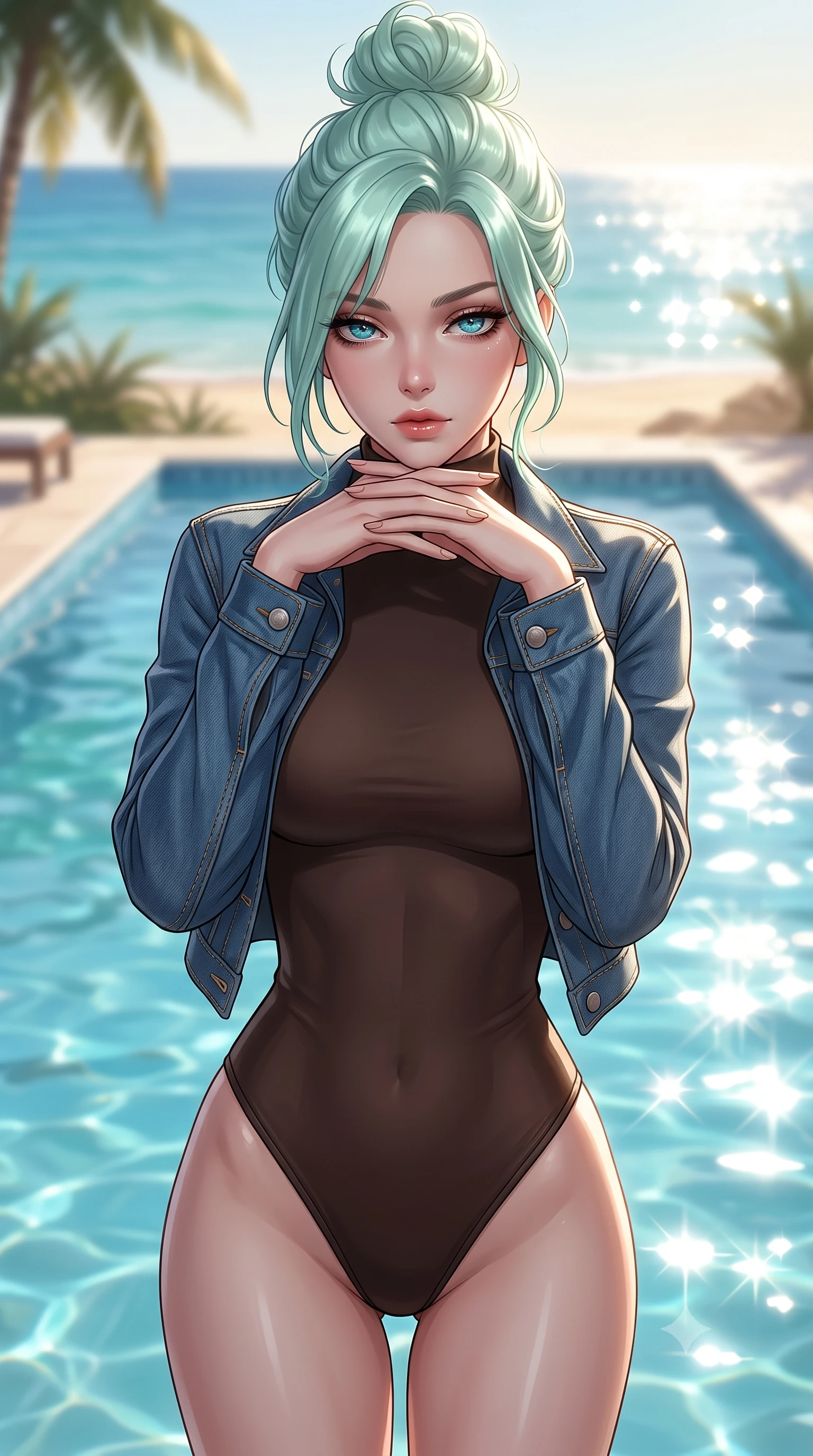 score_9, masterpiece, best quality, ultra-detailed, high-budget anime keyframe, editorial fashion photography, tasteful artistic composition, Japanese woman. close-up cowboy shot from the waist and thighs up, the character dominates the composition, filling the frame with her large presence, background elements kept in soft focus. resting her chin on the backs of her fingers, casting a heavy-lidded, sultry look past the camera the background shows a soft-focus a private beachfront pool on a desert coast overlooking the turquoise ocean water. She has an exceptionally elegant, slender, and willowy female figure with an ultra-slim waist, a gracefully sculpted slender torso, and a refined silhouette. sharp v-shaped jawline, high-bridge nose, intricate jewel-like eyes with depth, thick eyelashes, glossy lips with a natural sheen. wearing a form-contouring form-contouring high-neck bodysuit in dark brown, worn under a tailored open denim jacket. bright morning sun rays creating sparkling glints on the sea and water pool. ultra-reflective glossy finish, specular highlights, metallic sheen, high-contrast stereoscopic depth, volumetric dynamic lighting, 2k, ultra detail, master piece, 9:16 ratio