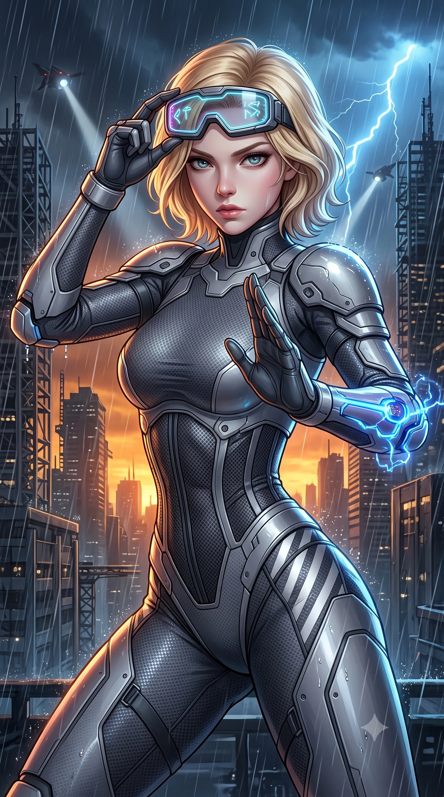score_9, masterpiece, best quality, ultra-detailed, high-budget anime keyframe, semi-realistic 3D game render, editorial fashion photography, tasteful artistic composition, Caucasian woman. close-up cowboy shot from the waist and thighs up, the character dominates the composition, filling the frame with her large presence. twisting her upper body in a dynamic S-curve martial arts stance, cybernetic elbow dampers glowing with blue energy as she aims a focused palm strike while retracting her holographic visor with a flick of her fingers, casting an intense, resolute sovereign gaze into the lens. The surrounding environment is rendered in vivid detail and crisp panoramic clarity. detailed skyscraper skeleton lattices, distant war-drone searchlights, and rain droplet beads in high clarity. She has an exceptionally elegant, slender, and willowy female figure with an ultra-slim waist, a gracefully sculpted slender torso, toned flat midriff, and a refined slim silhouette. sharp v-shaped jawline, high-bridge nose, intricate jewel-like eyes with depth, thick eyelashes, glossy lips with a natural sheen, fierce and resolute heroine expression, flawlessly proportioned anatomical accuracy, strict slender model proportions, natural body alignment, perfectly sculpted long slender limbs, ultra-slim waistline, clean dynamic posture without body distortion. wearing high-tech holographic tactical goggles resting tipped up on her forehead, casting glowing neon runes across her brow without obscuring her features, paired with a statuesque high-fashion cyber-warrior armor suit with platinum bevels, heavy articulated shoulder guards, and an ultra-slim waist-cinching corset in storm-grey carbon mesh with high-contrast white hazard stripes, tailored from flexible second-skin ballistic carbon-mesh adhering flawlessly to her athletic build, finished with high-mobility flexible armor articulation seams and miniature magnetic locks, the sleek second-skin cut tightly hugging her graceful clavicle, narrow waist, and feminine curves with athletic precision. bathed in ominous amber horizon fire glow and cold blue storm lightning flashes. rich saturated anime colors with glowing neon highlights, detailed shading with soft gradients, rich glossy textures, high-contrast stereoscopic depth, volumetric dynamic lighting, master piece, 9:16 ratio