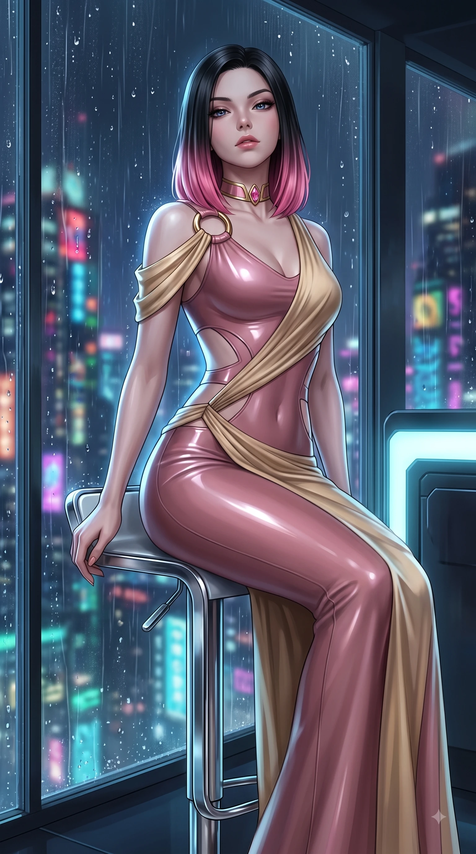 score_9, masterpiece, best quality, ultra-detailed, high-budget anime keyframe, editorial fashion photography, tasteful artistic composition, Korean woman. close-up cowboy shot from the waist and thighs up, the character dominates the composition, filling the frame with her large presence, background elements kept in soft focus. Tilting her chin up with composed magnetism as dramatic side lighting traces her sculpted waist and hip contour while perched on a sleek chrome barstool in a futuristic sky-lounge overlooking rain-slicked city streets, rain droplets glistening on the window glass with colorful neon city reflections. She has an exceptionally elegant, slender, and willowy female figure with an ultra-slim waist, a gracefully sculpted slender torso, and a refined silhouette. sharp v-shaped jawline, high-bridge nose, intricate jewel-like eyes with depth, thick eyelashes, glossy lips with a natural sheen, flawlessly proportioned anatomical accuracy, natural body alignment, perfectly sculpted elegant limbs, clean dynamic posture without body distortion. wearing an asymmetrical Grecian draped chiffon gown with a metallic shoulder ring in dusty rose and champagne gold, formed from sleek second-skin neoprene, featuring clean architectural cutouts along her slender torso, the form-contouring material highlighting her ultra-slim waist and long lines. drenched in wet neon reflections with brilliant specular highlights on her silhouette. ultra-reflective glossy finish, specular highlights, metallic sheen, high-contrast stereoscopic depth, volumetric dynamic lighting, 2k, ultra detail, master piece, 9:16 ratio
