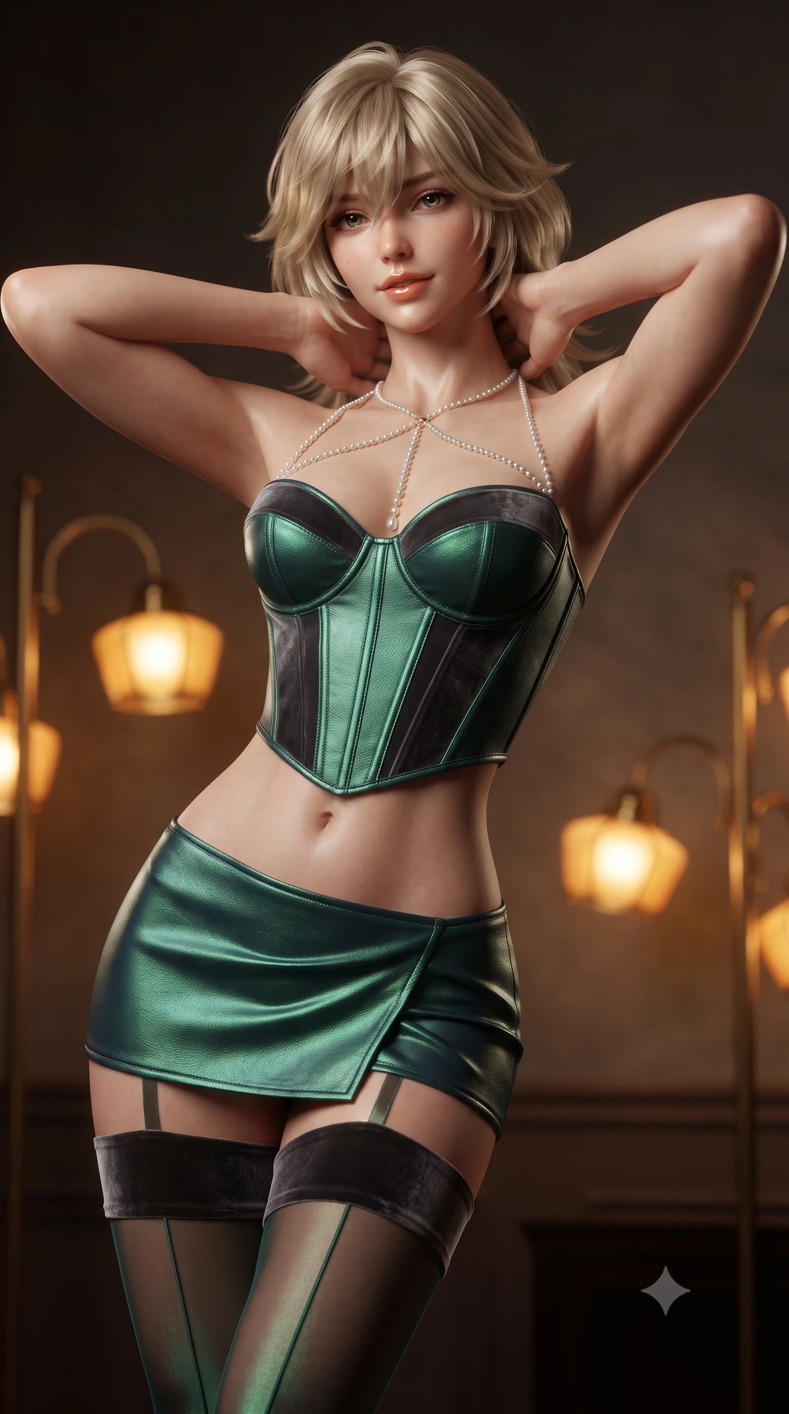 score_9, masterpiece, best quality, ultra-detailed, high-budget anime keyframe, editorial fashion photography, tasteful artistic composition, Japanese woman. close-up cowboy shot from the waist and thighs up, the character dominates the composition, filling the frame with her large presence. resting both hands lightly behind her neck with elbows raised, arching her spine to highlight her narrow waist, flat midriff, and breathtaking collarbones while twisting her slender torso in an alluring S-curve, amber art-deco shaded lamps tracing her narrow waist, flat midriff, and hips. The background shows a soft-focus vintage brass reading lamps softened in secluded intellectual boudoir shallow focus. She has an exceptionally elegant, slender, and willowy female figure with an ultra-slim waist, flat toned midriff, narrow ribcage, and sculpted feminine hips creating an alluring, slim hourglass silhouette without bulk. sharp v-shaped jawline, high-bridge nose, sparkling eyes with hypnotic seductive depth, thick curled eyelashes, glossy parted lips with a natural dewy peach sheen, alluring bedroom-eyes with an enchanting coquettish smile, exuding magnetic siren charisma and sophisticated glamour, flawlessly proportioned anatomical accuracy, strict slender model proportions, natural body alignment, perfectly sculpted long slender limbs, ultra-slim waistline, clean dynamic posture without body distortion. wearing a structured boned leatherette corset bodice paired with an ultra-short micro-wrap mini skirt and sheer thigh-high stockings in iridescent emerald satin and dark charcoal velvet, made of semi-opaque stretch illusion mesh with soft shadowy contours, accented with a pearl-drop body harness subtly framing her dewy collarbones and spine, the glove-like clinging cut tightly following the natural contour of her hips and long slender legs with youthful 8.5-heads elegance. illuminated by polished walnut bounce and sharp amber-gold rim lighting defining her delicate clavicles, ultra-slim waist, and curvy hips. ultra-reflective glossy finish, specular highlights, rich textural contrasts, high-contrast stereoscopic depth, volumetric dynamic lighting, 2k, ultra detail, master piece, 9:16 ratio