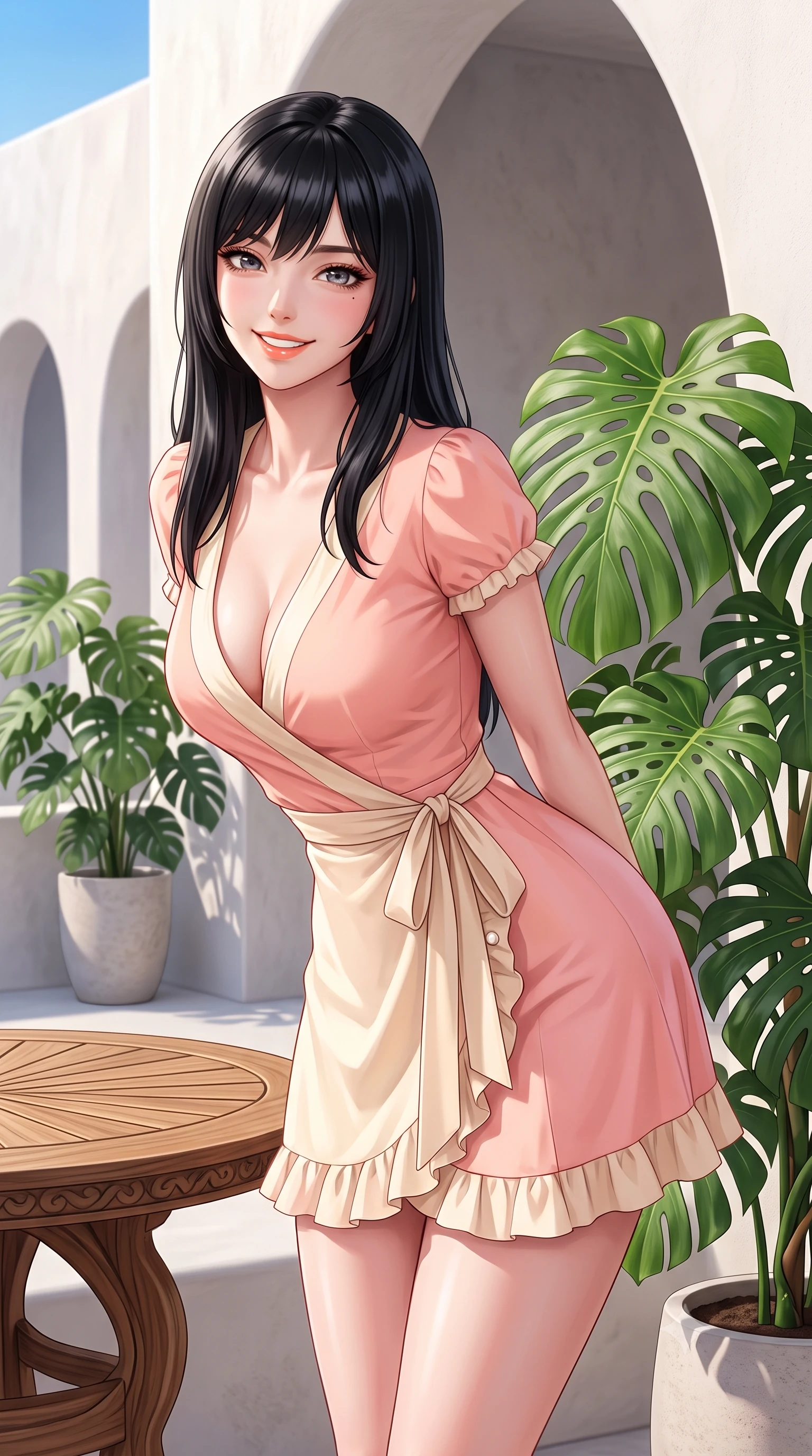 score_9, masterpiece, best quality, ultra-detailed, high-budget anime keyframe, semi-realistic 3D game render, editorial fashion photography, tasteful artistic composition, Caucasian woman. close-up cowboy shot from the waist and thighs up, the character dominates the composition, filling the frame with her large presence. leaning forward with playful cute grace while arching her lower back to accentuate her curvy hips, looking into the camera with a bright cheerful smile and alluring coquettish bedroom-eyes while standing poised beside giant potted monsteras on the sunlit terrace, twisting her slender torso in an alluring contrapposto stance. The surrounding environment is rendered in vivid detail and crisp panoramic clarity. sharp smooth plaster architectural curves, teak wood table textures, and monstera leaf veins in deep focus. She has an exceptionally elegant, slender, and willowy female figure with an ultra-slim waist, flat toned midriff, narrow ribcage, and sculpted feminine hips creating an alluring, slim hourglass silhouette without bulk. sharp v-shaped jawline, high-bridge nose, intricate jewel-like sparkling eyes with depth, thick eyelashes, glossy parted lips with a natural peach sheen, bright cheerful beaming smile with an enchanting and coquettish sensual glint, exuding both youthful cute charm and seductive allure, flawlessly proportioned anatomical accuracy, strict slender model proportions, natural body alignment, perfectly sculpted long slender limbs, ultra-slim waistline, clean dynamic posture without body distortion. wearing a breezy wrap mini dress with a deep V-neckline and tie-waist accentuating her sculpted flat midriff and hips in pastel peach blossom pink and warm champagne ivory, tailored from crisp cotton poplin with clean structural lines, finished with subtle ruffle trims and delicate pearl buttons, the form-contouring cut accentuating her sculpted flat midriff, narrow delicate ribcage, and gracefully curvy hips with supermodel precision. illuminated by soft wall bounce light sharply sculpting her razor-sharp jawline, narrow waist, and curvy hips. highly saturated vibrant anime colors, detailed shading with soft gradients, rich glossy textures, high-contrast stereoscopic depth, volumetric dynamic lighting, master piece, 9:16 ratio