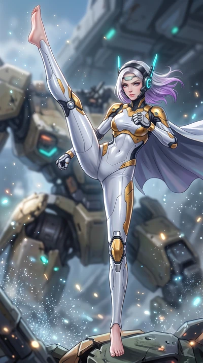 score_9, masterpiece, best quality, ultra-detailed, high-budget anime keyframe, semi-realistic 3D game render, editorial fashion photography, tasteful artistic composition, Caucasian woman. low angle full-body shot from head to toe showing her feet, 