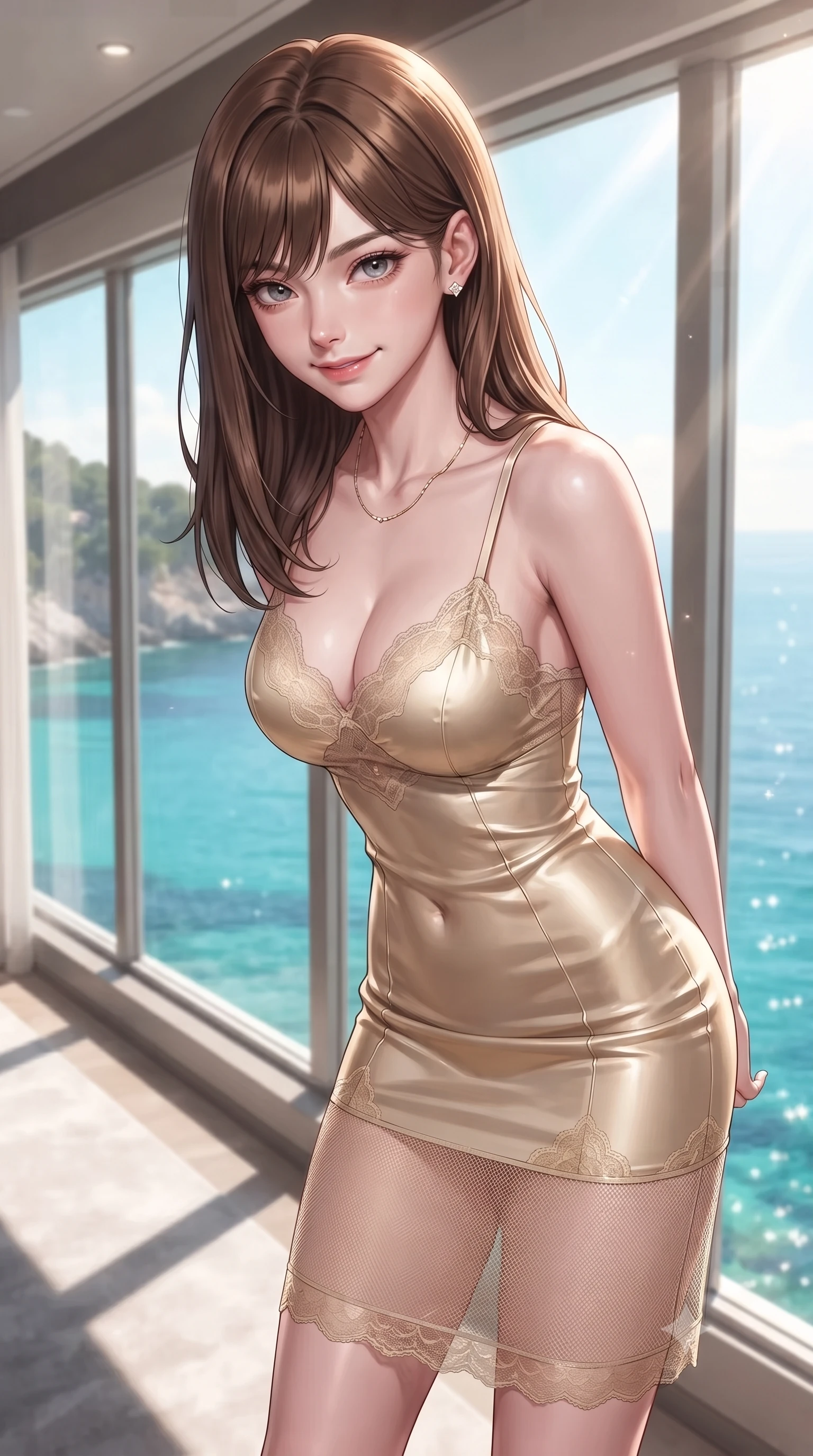 score_9, masterpiece, best quality, ultra-detailed, high-budget anime keyframe, editorial fashion photography, tasteful artistic composition, Korean woman. close-up cowboy shot from the waist and thighs up, the character dominates the composition, filling the frame with her large presence, background elements kept in soft focus. leaning slightly forward with a playful, teasing smile, her gaze locked onto the viewer the background shows a soft-focus a panoramic train suite with floor-to-ceiling windows showing a turquoise coastal cove. She has an exceptionally elegant, slender, and willowy female figure with an ultra-slim waist, a gracefully sculpted slender torso, and a refined silhouette. sharp v-shaped jawline, high-bridge nose, intricate jewel-like eyes with depth, thick eyelashes, glossy lips with a natural sheen. wearing a slim-fit delicate lace-accented slip dress in champagne gold, featuring a semi-transparent mesh underlay. bright morning sun rays creating sparkling glints on the sea outside and her form. ultra-reflective glossy finish, specular highlights, metallic sheen, high-contrast stereoscopic depth, volumetric dynamic lighting, 2k, ultra detail, master piece, 9:16 ratio