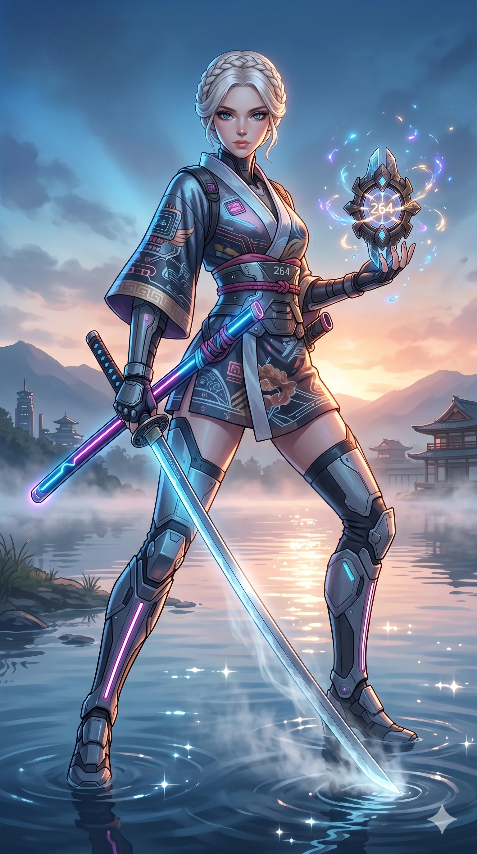 score_9, masterpiece, best quality, ultra-detailed, Set A: High-budget Anime Keyframe, Caucasian (strictly human ears) woman. Low angle cowboy shot filling the entire 9:16 frame with her statuesque presence. Drawing a blade through a misty lakeside at dawn, holding a relic that pulses with the frequency 264 and surrounded by glowing energy sparks. She has an absolutely perfect 8-heads proportion, an exceptionally tall and slender female figure with impossibly long slender legs and an ultra-slim waist. Sharp v-shaped jawline, high-bridge nose, intricate jewel-like eyes with depth, thick eyelashes, glossy lips with a natural sheen. Wearing Cyber-samurai gear with a short silk kimono and glowing neon katana sheath. Cinematic lighting, vibrant colors, dramatic shadows, 2k, ultra detail, master piece, 9:16 ratio