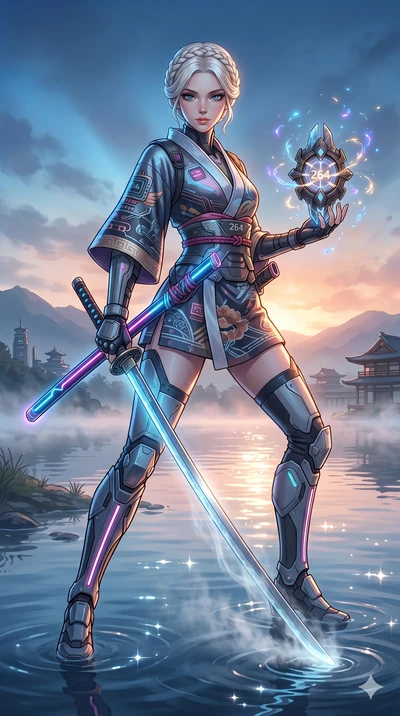 score_9, masterpiece, best quality, ultra-detailed, Set A: High-budget Anime Keyframe, Caucasian (strictly human ears) woman. Low angle cowboy shot filling the entire 9:16 frame with her statuesque presence. Drawing a blade through a misty lakeside a