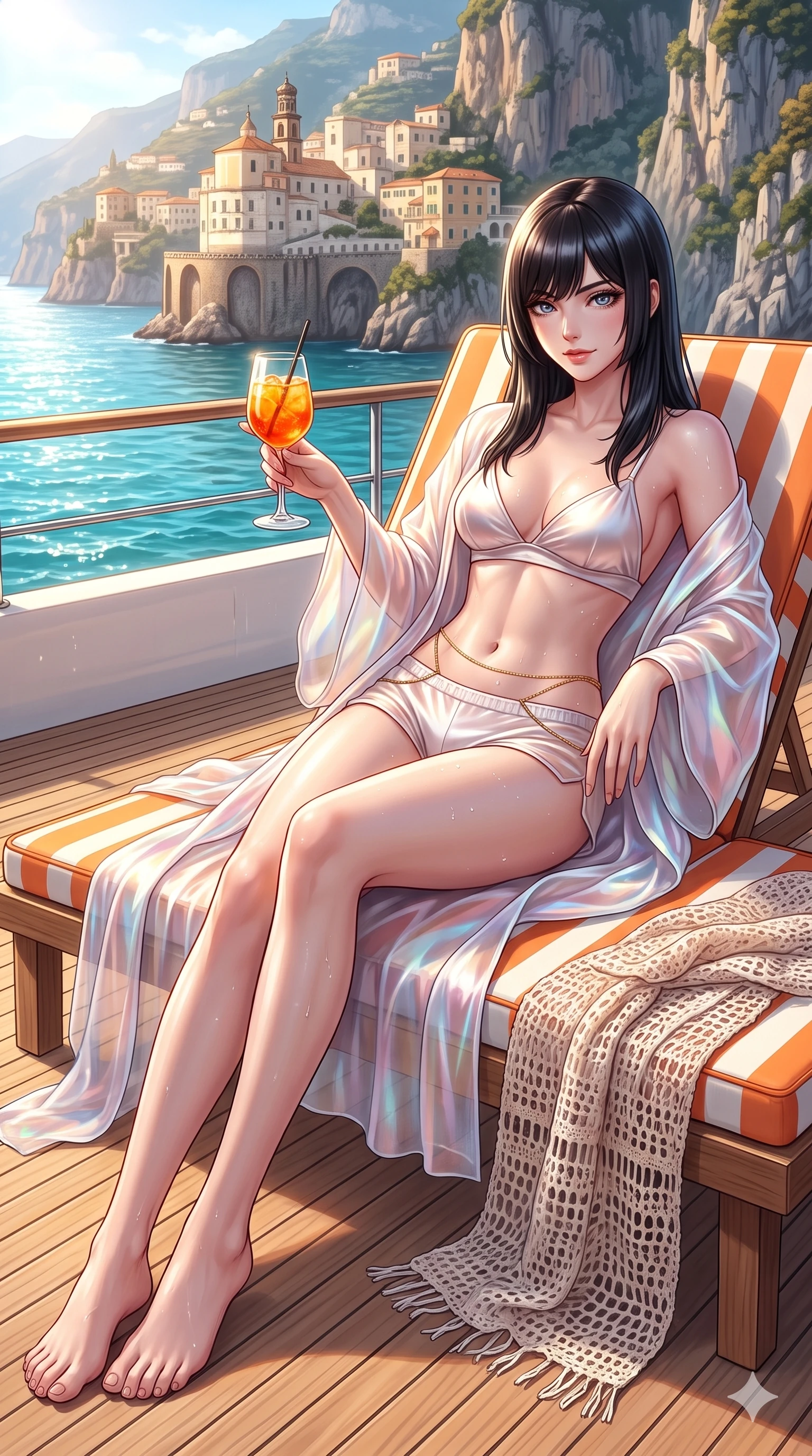 score_9, masterpiece, best quality, ultra-detailed, high-budget anime keyframe, semi-realistic 3D game render, editorial fashion photography, tasteful artistic composition, Caucasian woman. low angle full-body shot from head to toe showing her feet, filling the entire 9:16 vertical frame with her statuesque presence, stretching her vertical silhouette. striding across the sun-drenched teak deck as maritime breezes whip her garments open, accentuating her long slender legs and curvy hips while reclining on an orange-and-white striped sun lounger propped on one elbow, holding an Aperol spritz with sovereign high-society charm and bedroom-eyes. The surrounding environment is rendered in vivid detail and crisp panoramic clarity: detailed wet-look crochet coverup weave, dewy water beads on skin, and historic Amalfi architecture in razor-sharp precision. She has an absolutely perfect, statuesque 8.5-heads proportion, an exceptionally tall and slender model-like female figure with impossibly long slender legs, an ultra-slim waist, a flat toned midriff, narrow delicate ribcage, and beautifully sculpted feminine hips creating a graceful, slim hourglass silhouette without any bulky heaviness. sharp v-shaped jawline, high-bridge nose, sparkling eyes with hypnotic seductive depth, thick curled eyelashes, glossy parted lips with a natural dewy peach sheen, alluring bedroom-eyes with an enchanting coquettish smile, exuding magnetic siren charisma and sophisticated glamour, flawlessly proportioned anatomical accuracy, strict slender model proportions, natural body alignment, perfectly sculpted long slender limbs, ultra-slim waistline, clean dynamic posture without body distortion. wearing a translucent iridescent organza beach kimono slipping off bare shoulders over a matching satin micro-bralette and micro-shorts in celestial pearl white and rose-gold, made of sheer gossamer chiffon that drapes softly against skin with airy translucence, accented with a dainty gold belly chain resting across her flat midriff and curving hips, the form-contouring cut accentuating her sculpted flat midriff, narrow delicate ribcage, and gracefully curvy hips with intoxicating allure. bathed in brilliant Mediterranean late afternoon sunshine reflecting off the vertical cliff face and turquoise sea. highly saturated vibrant anime colors, detailed shading with soft gradients, rich glossy textures, high-contrast stereoscopic depth, volumetric dynamic lighting, master piece, 9:16 ratio