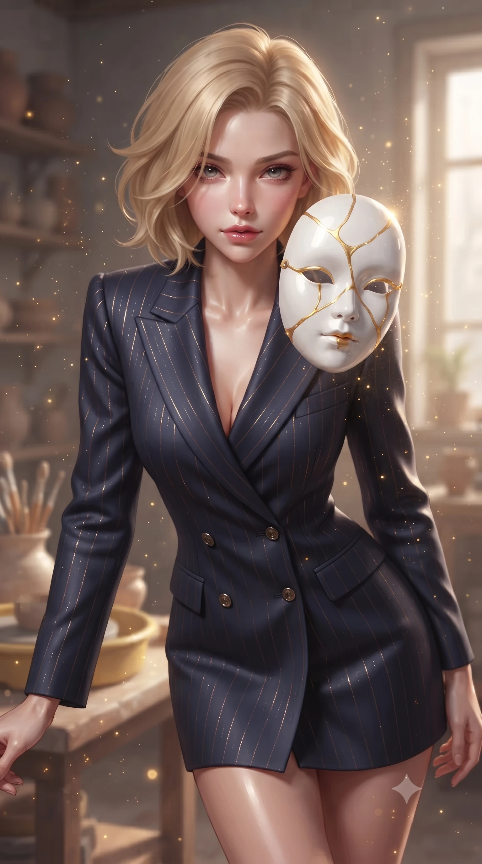 score_9, masterpiece, best quality, ultra-detailed, high-budget anime keyframe, editorial fashion photography, tasteful artistic composition, Caucasian woman. close-up cowboy shot from the waist and thighs up, the character dominates the composition, filling the frame with her large presence, background elements kept in soft focus. Leaning slightly forward with a composed, seductive gaze under soft glowing light touching a floating porcelain doll mask repaired with radiant gold kintsugi lines, floating golden dust motes sparkling in the warm workshop air. She has an exceptionally elegant, slender, and willowy female figure with an ultra-slim waist, a gracefully sculpted slender torso, and a refined silhouette. sharp v-shaped jawline, high-bridge nose, intricate jewel-like eyes with depth, thick eyelashes, glossy lips with a natural sheen. wearing a tailored double-breasted blazer dress in navy with subtle metallic pin-stripes, the sleek second-skin texture accentuating her magnetic presence. surrounded by a majestic inner radiance highlighting glossy white porcelain. ultra-reflective glossy finish, specular highlights, metallic sheen, high-contrast stereoscopic depth, volumetric dynamic lighting, 2k, ultra detail, master piece, 9:16 ratio