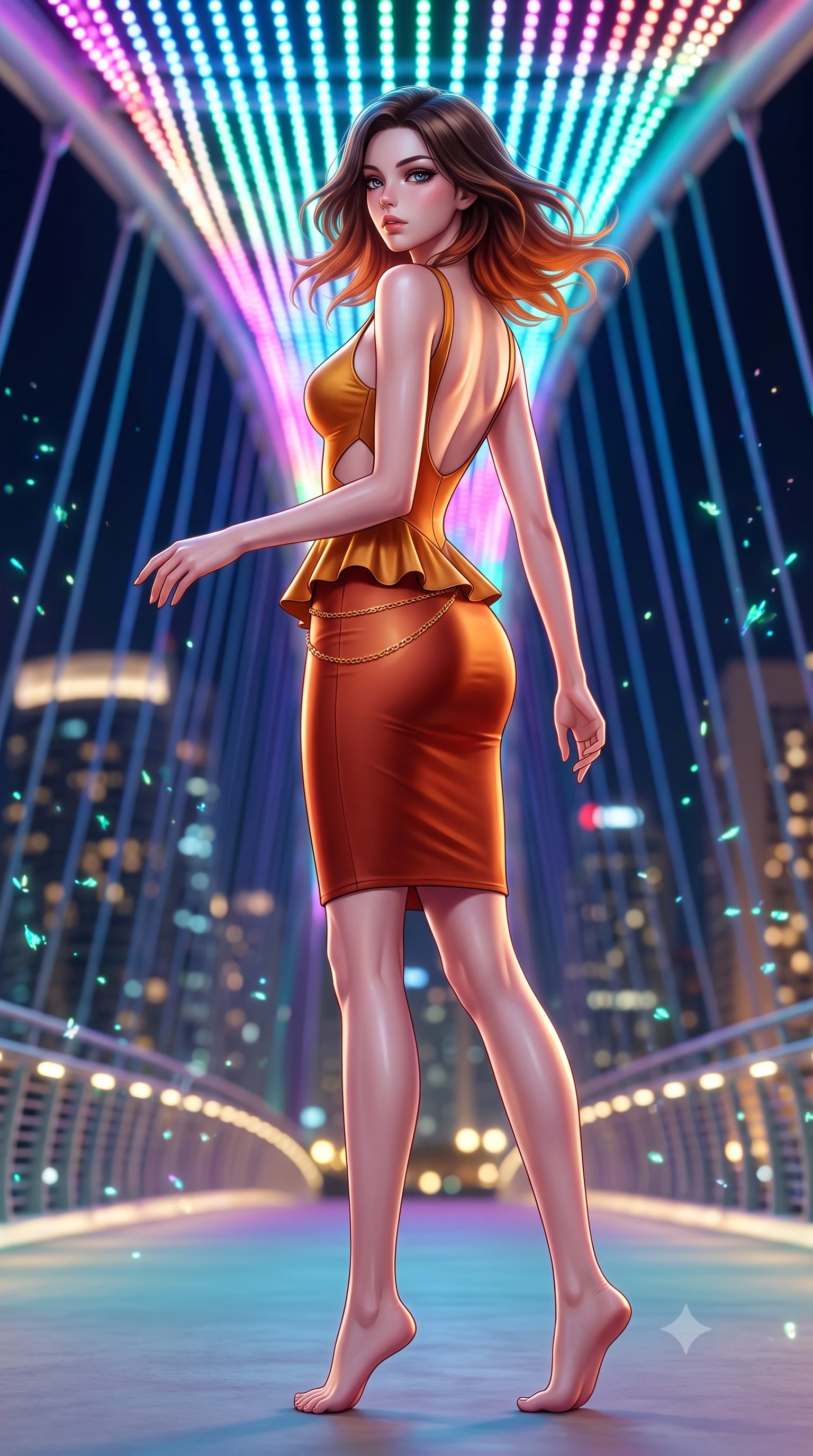 score_9, masterpiece, best quality, ultra-detailed, high-budget anime keyframe, semi-realistic 3D game render, editorial fashion photography, tasteful artistic composition, Korean woman. low angle full-body shot from head to toe showing her feet, filling the entire 9:16 vertical frame with her statuesque presence, stretching her vertical silhouette. executing an elegant mid-motion pivot turn as garments swirl around her slender limbs, glancing over her shoulder with an intoxicating bedroom-gaze while standing poised at the center of the illuminated suspension bridge, twisting her slender torso in an alluring S-curve while looking toward the Marina skyline. The composition keeps background elements in soft focus with creamy bokeh. bioluminescent plant spores and city skyline reflections scattering vibrant chromatic light motes. She has an exceptionally tall and slender model-like 8.5-heads proportion, an ultra-slim waist, a flat toned midriff, narrow delicate ribcage, and beautifully sculpted feminine hips creating a graceful, slim hourglass silhouette without any bulky heaviness, with impossibly long slender legs. sharp v-shaped jawline, high-bridge nose, intricate jewel-like eyes with depth, thick eyelashes, glossy parted lips with a natural sheen, intensely captivating and seductive bedroom-eyes expression, flawlessly proportioned anatomical accuracy, strict slender model proportions, natural body alignment, perfectly sculpted long slender limbs, ultra-slim waistline, clean dynamic posture without body distortion. wearing a modern peplum corset dress with side-waist diamond cutouts and an ultra-tight silhouette in molten desert gold and burnt terracotta, tailored from liquid silk jersey adhering flawlessly to her slender build, accented with a delicate gold chain belt resting loosely on her curvy hips, the precision-cut side openings and low-back scoop framing her graceful spine and the sensual sweep of her slim, toned hips. bathed in dynamic color-shifting LED canopy lights from above and ambient city skyline uplights. highly saturated vibrant anime colors, detailed shading with soft gradients, rich glossy textures, high-contrast stereoscopic depth, volumetric dynamic lighting, master piece, 9:16 ratio