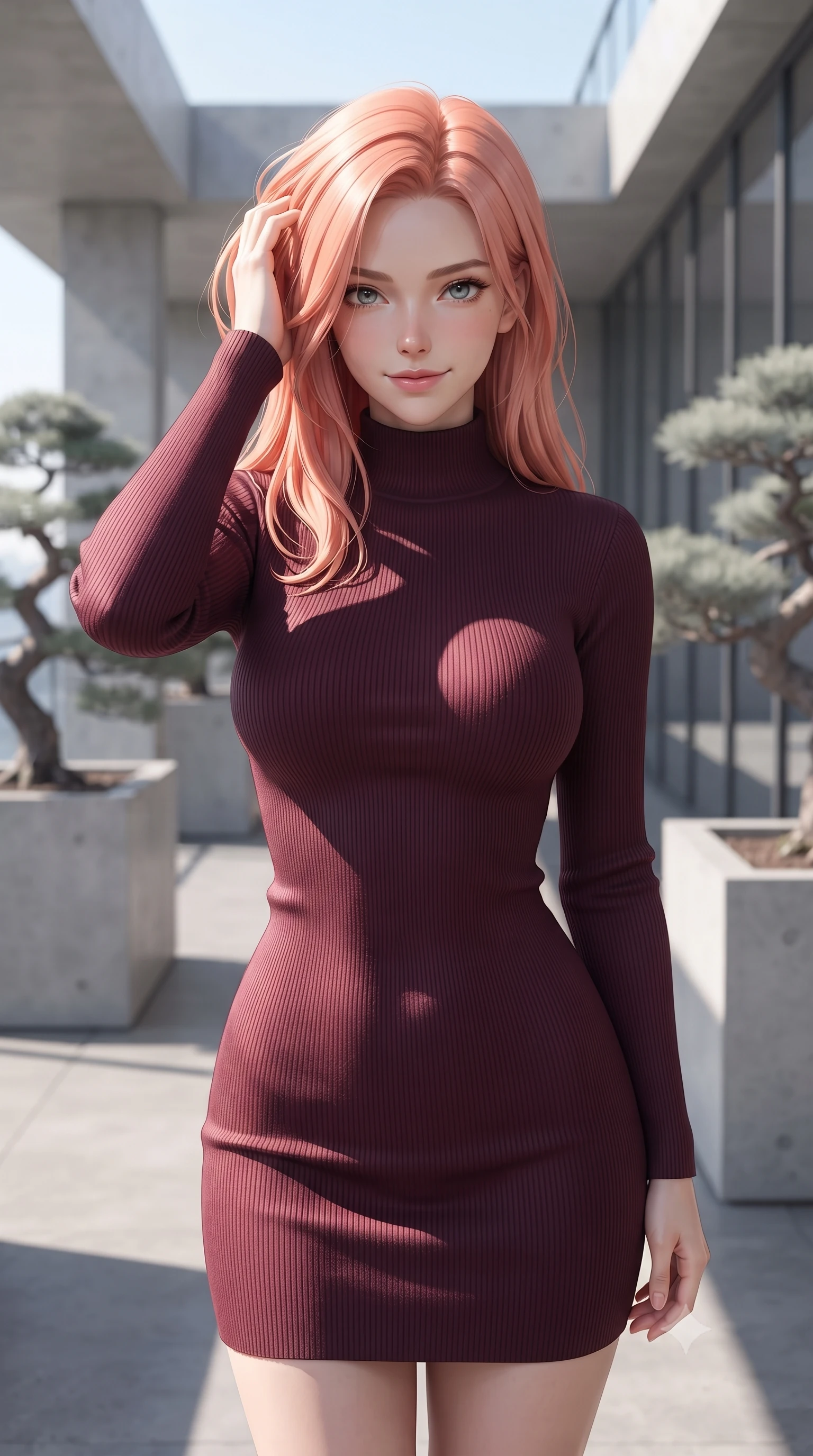 score_9, masterpiece, best quality, ultra-detailed, high-budget anime keyframe, editorial fashion photography, tasteful artistic composition, Japanese woman. close-up cowboy shot from the waist and thighs up, the character dominates the composition, filling the frame with her large presence, background elements kept in soft focus. smiling with quiet, magnetic self-assurance directly into the camera, running a hand through her hair the background shows a soft-focus a modern rail observation deck with minimalist concrete details and bonsai plants. She has an exceptionally elegant, slender, and willowy female figure with an ultra-slim waist, a gracefully sculpted slender torso, and a refined silhouette. sharp v-shaped jawline, high-bridge nose, intricate jewel-like eyes with depth, thick eyelashes, glossy lips with a natural sheen. wearing a slim-fit form-contouring bodycon sweater dress in deep burgundy, featuring a snug mock-neck. sharp afternoon sunbeams casting clean, structured shadows across her pose. ultra-reflective glossy finish, specular highlights, metallic sheen, high-contrast stereoscopic depth, volumetric dynamic lighting, 2k, ultra detail, master piece, 9:16 ratio
