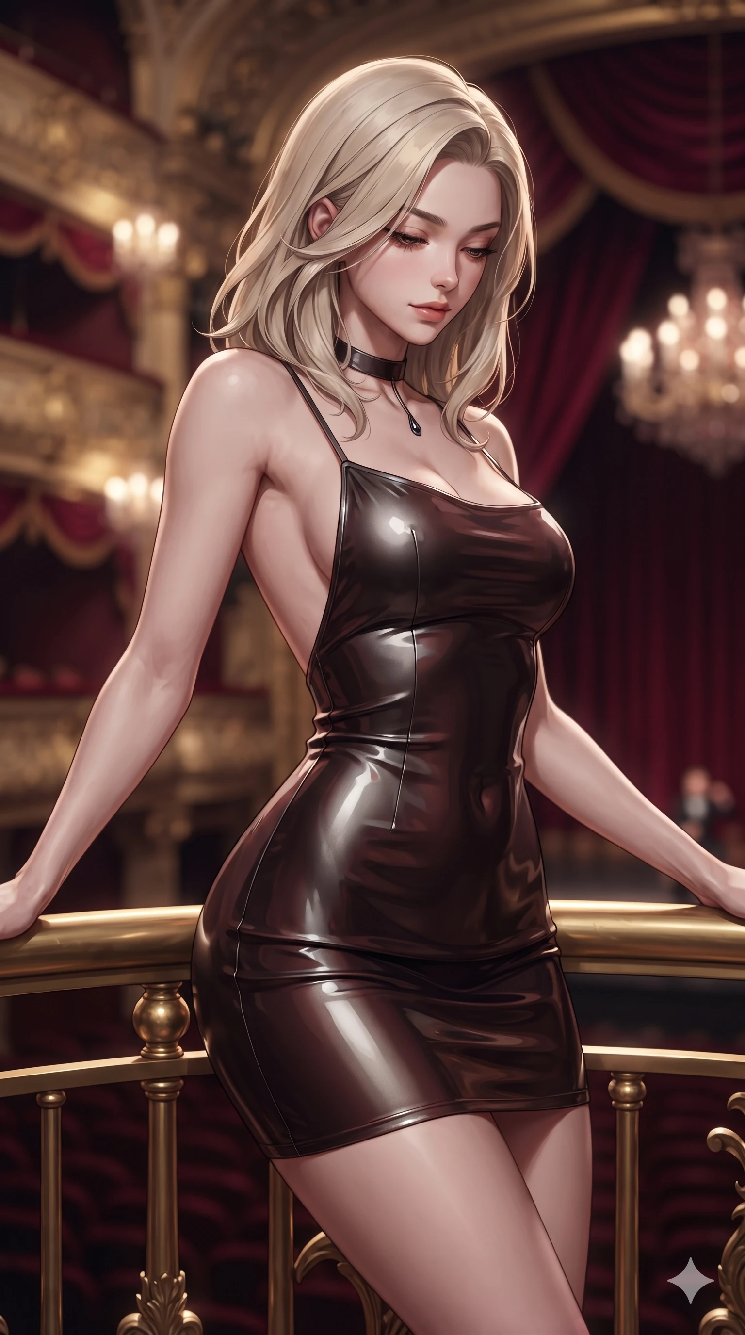 score_9, masterpiece, best quality, ultra-detailed, high-budget anime keyframe, editorial fashion photography, tasteful artistic composition, Caucasian woman. close-up cowboy shot from the waist and thighs up, the character dominates the composition, filling the frame with her large presence. looking down with lowered lashes and a composed, powerful dark aura, her tailored outfit tracing her curves while twisting her slender torso in an alluring S-curve against the gilded brass balcony rail, dramatic stage beams illuminating her flat midriff and hips. The background shows a soft-focus gilded baroque opera tiers, cascading deep crimson velvet drapes, and distant illuminated stage chandeliers blurred into ruby, burgundy, and gold bokeh. She has an exceptionally elegant, slender, and willowy female figure with an ultra-slim waist, flat toned midriff, narrow ribcage, and sculpted feminine hips creating an alluring, slim hourglass silhouette without bulk. sharp v-shaped jawline, high-bridge nose, intricate jewel-like dark sparkling eyes with hypnotic seductive depth, thick curled eyelashes, glossy parted lips with a natural wine sheen, alluring bedroom-eyes with an enigmatic smoldering smile, exuding magnetic sovereign charisma and dark avant-garde glamour, flawlessly proportioned anatomical accuracy, strict slender model proportions, natural body alignment, perfectly sculpted long slender limbs, ultra-slim waistline, clean dynamic posture without body distortion. wearing a backless liquid vinyl mini slip dress with bare shoulder neckline in dark mahogany and brushed gunmetal, made of liquid dark mercury jersey with seamless sculpting hold and fluid drape, finished with a minimalist dark choker and a single teardrop pendant, contouring every curve with an exceptionally elegant silhouette and captivating allure. illuminated by a single brilliant theatrical key light emerging from dark opera shadows. ultra-reflective glossy finish, specular highlights, metallic sheen, high-contrast stereoscopic depth, volumetric dynamic lighting, 2k, ultra detail, master piece, 9:16 ratio