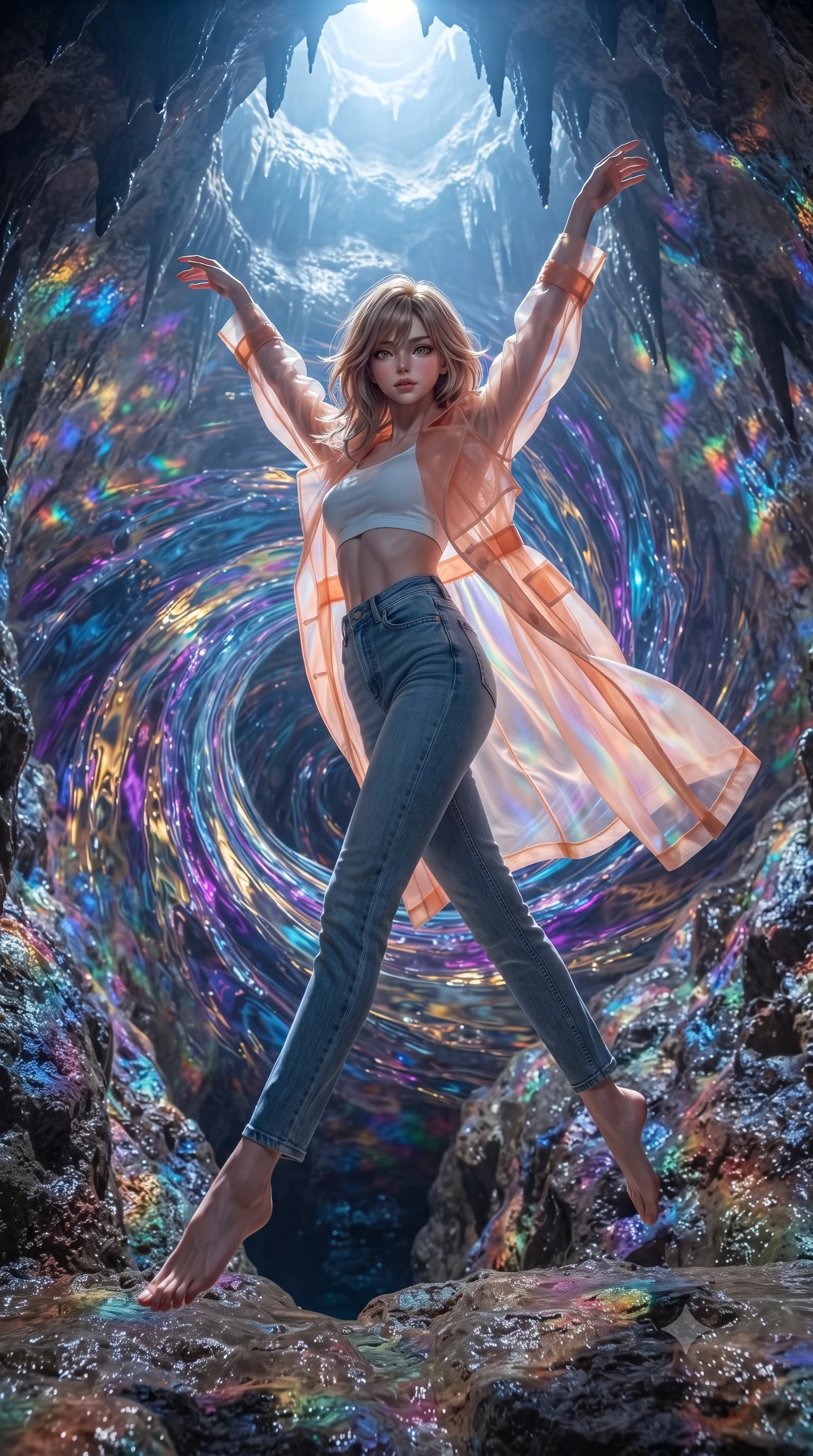 score_9, masterpiece, best quality, ultra-detailed, high-budget anime keyframe, editorial fashion photography, tasteful artistic composition, Japanese woman. low angle full-body shot from head to toe showing her feet, filling the entire 9:16 vertical frame with her statuesque presence, stretching her vertical silhouette. leaping gracefully through inside a vast cavern where a whirlpool of liquid crystal spirals downward into an unknown depth casting kaleidoscopic reflections across the rough cave walls as it rotates and refracts all available light. She has a statuesque 8.5-heads proportion, an exceptionally tall, slender and willowy model-like build with impossibly long legs and a highly sculpted ultra-slim waist. sharp v-shaped jawline, high-bridge nose, intricate jewel-like eyes with depth, thick eyelashes, glossy lips with a natural sheen. wearing a sheer peach organza trench coat worn open over a white crop top and high-waisted raw denim jeans. the liquid crystal whirlpool acting as a massive spinning light source casting rotating kaleidoscopic patterns of refracted colored light across every cave surface in constant motion. 2k, ultra detail, master piece, 9:16 ratio