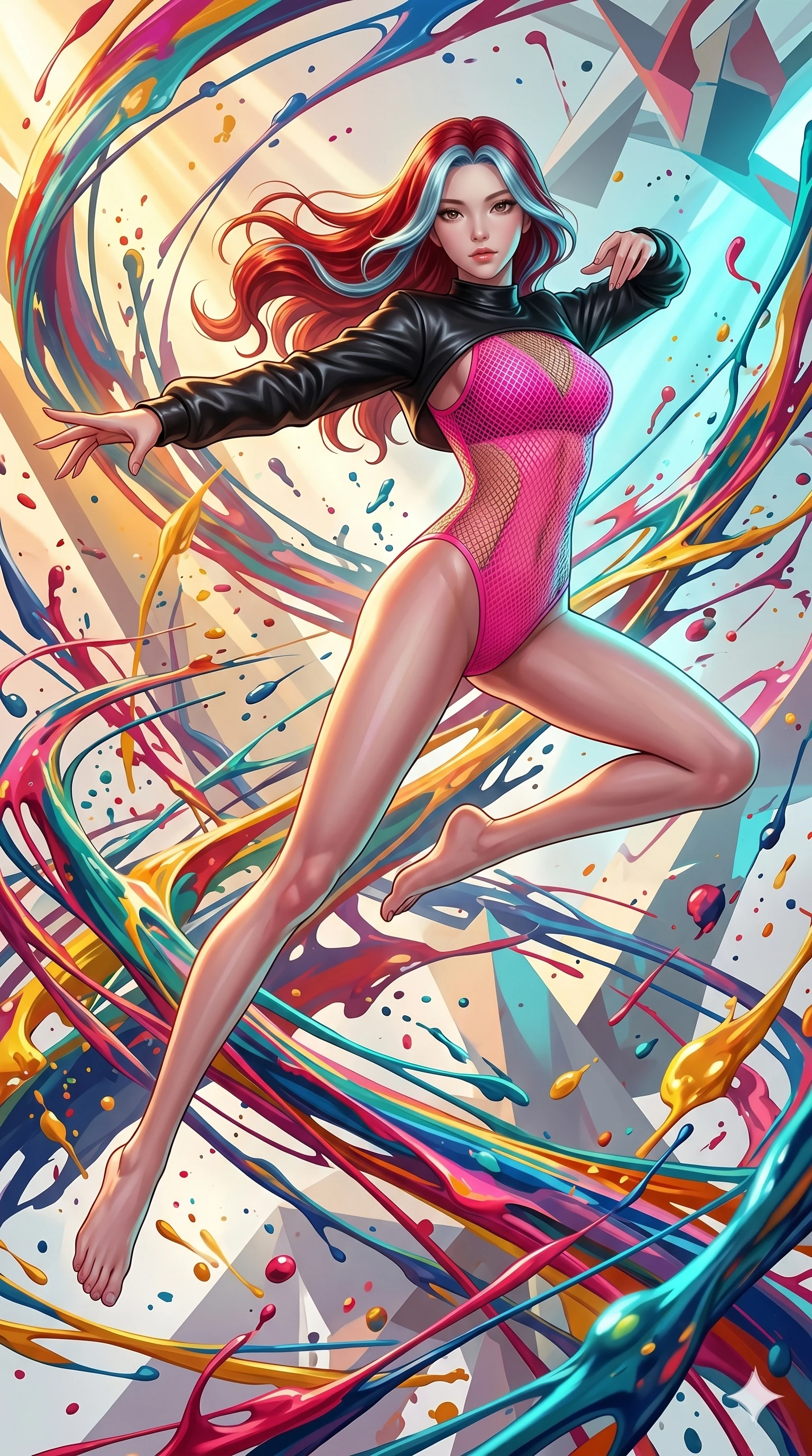 score_9, masterpiece, best quality, ultra-detailed, high-budget anime keyframe, Japanese woman. low angle full-body shot filling the entire 9:16 frame with her statuesque presence, stretching the vertical silhouette. leaping into a vorticist paint splatter dimension where thousands of vivid acrylic paint ribbons and splatters swirl around her in a white gallery void. She has an absolutely perfect 8-heads proportion, an exceptionally tall and slender female figure with impossibly long slender legs and an ultra-slim waist. V-shaped jawline, high-bridge nose, intricate jewel-like eyes with depth, thick eyelashes, glossy lips with a natural sheen.. wearing a fluorescent pink mesh bodysuit, styled with a cropped single-sleeve black leather shrug for a bold stage look. showcasing a beautiful play of light and shadow, with warm golden rays clashing against cool cyan highlights. 2k, ultra detail, master piece, 9:16 ratio