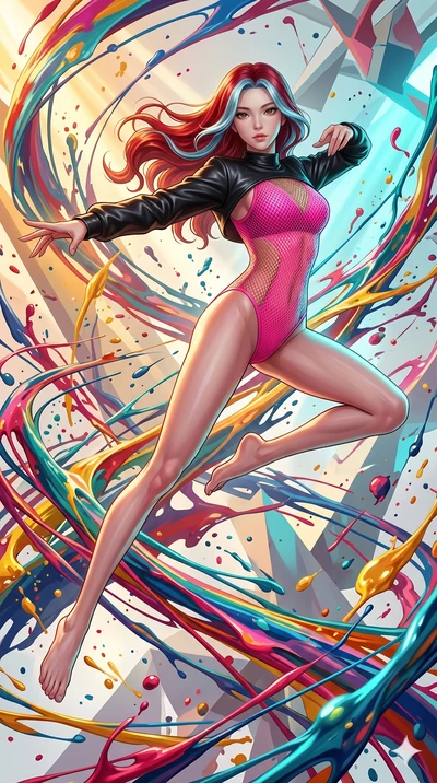 score_9, masterpiece, best quality, ultra-detailed, high-budget anime keyframe, Japanese woman. low angle full-body shot filling the entire 9:16 frame with her statuesque presence, stretching the vertical silhouette. leaping into a vorticist paint sp
