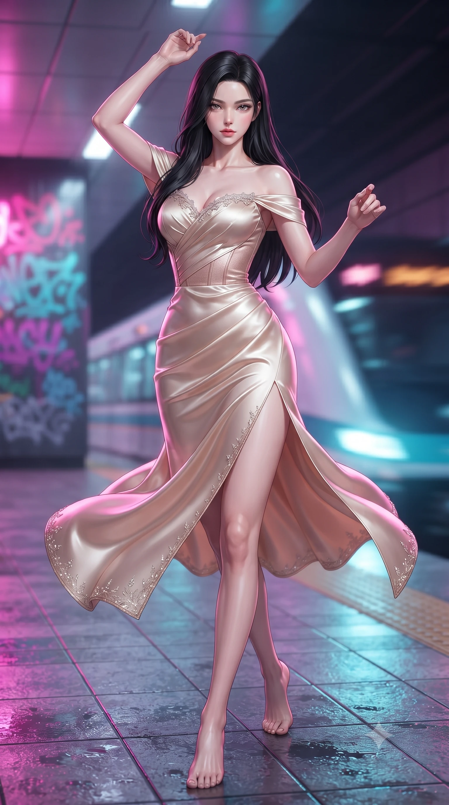 score_9, masterpiece, best quality, ultra-detailed, high-budget anime keyframe, editorial fashion photography, tasteful artistic composition, Korean woman. low angle full-body shot from head to toe showing her feet, filling the entire 9:16 vertical frame with her statuesque presence, stretching her vertical silhouette. executing an elegant mid-motion spin with effortless grace, her garments fluttering softly around her ultra-slim waistline while pivoting sharply on the wet tiled subway platform as an incoming neon-lit maglev train rushes past in a blur of light. The composition keeps background elements in soft focus with creamy bokeh. speeding maglev train motion blur and glowing neon graffiti tags blurred into vivid magenta, cyan, and violet bokeh. She has an absolutely perfect, statuesque 8.5-heads proportion, an exceptionally tall and slender model-like female figure with impossibly long slender legs, a toned flat midriff, and an ultra-slim waist. sharp v-shaped jawline, high-bridge nose, intricate jewel-like eyes with depth, thick eyelashes, glossy lips with a natural sheen, captivating and magnetic expression, flawlessly proportioned anatomical accuracy, strict slender model proportions, natural body alignment, perfectly sculpted long slender limbs, ultra-slim waistline, clean dynamic posture without body distortion. wearing a statuesque off-shoulder champagne satin gala dress featuring a thigh-high side slit and draped corset bodice in champagne ivory and rose gold, tailored from ultra-smooth duchess satin with a pearlescent sheen, finished with delicate crystal embroidery along the neckline and hem, the liquid-tight tailored fabric emphasizing every curve of her tall, slender model proportions and sculptured silhouette during dynamic movement. bathed in high-contrast dual lighting of neon pink floodlights and electric cyan underlights. ultra-reflective glossy finish, specular highlights, rich textural contrasts, high-contrast stereoscopic depth, volumetric dynamic lighting, 2k, ultra detail, master piece, 9:16 ratio