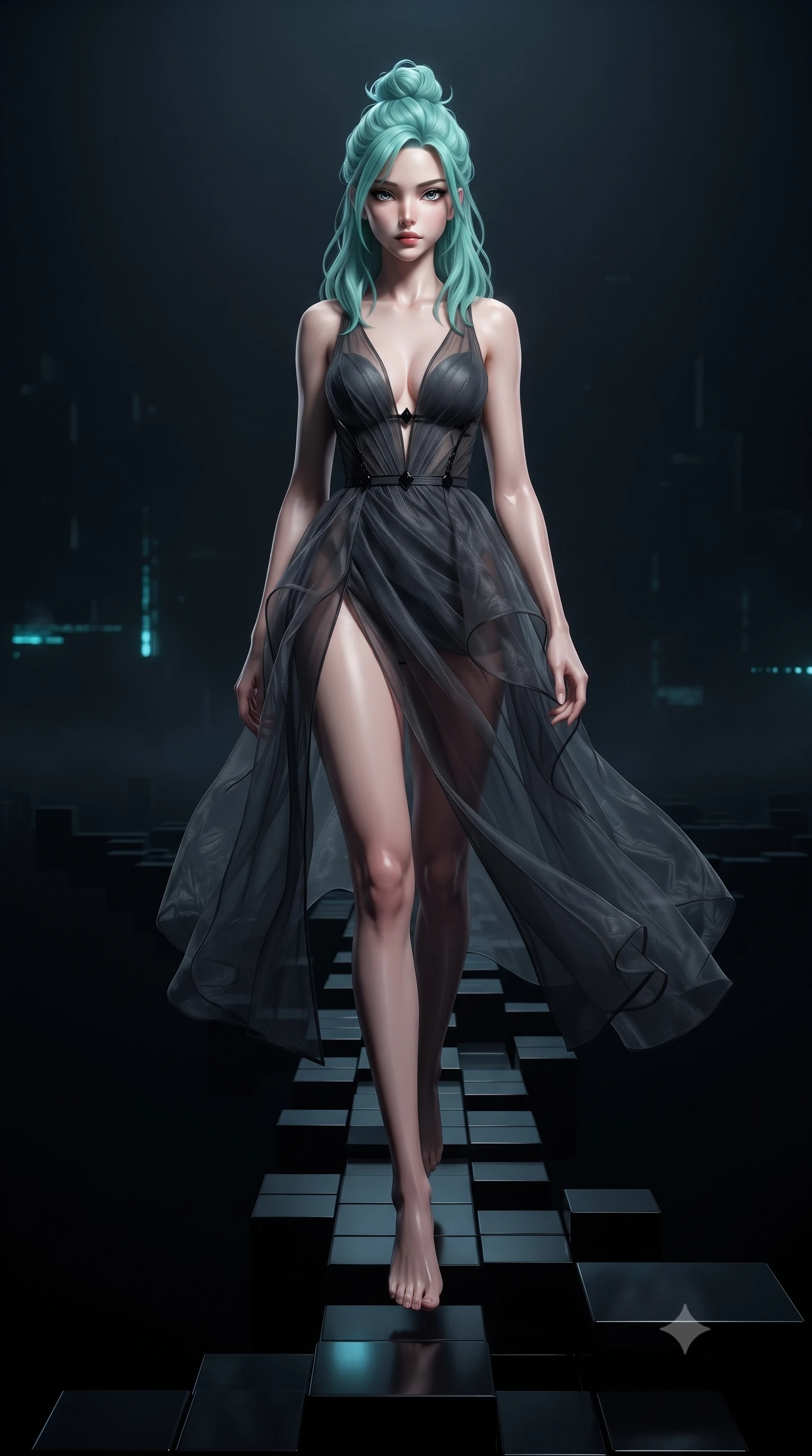 score_9, masterpiece, best quality, ultra-detailed, high-budget anime keyframe, editorial fashion photography, tasteful artistic composition, Japanese woman. low angle full-body shot from head to toe showing her feet, filling the entire 9:16 vertical frame with her statuesque presence, stretching her vertical silhouette. stepping gracefully through the dark environment, stretching her statuesque silhouette, stepping across a floating black voxel walkway over a digital abyss, pitch-black digital void background creating absolute subject isolation. She has an absolutely perfect, statuesque 8.5-heads proportion, an exceptionally tall and slender model-like female figure with impossibly long slender legs and an ultra-slim waist. sharp v-shaped jawline, high-bridge nose, intricate jewel-like eyes with depth, thick eyelashes, glossy lips with a natural sheen. wearing low-cut gothic structured bodice gown with high leg slit in dark charcoal gray, made of sheer dark organza overlay, adorned with minimalist black onyx hardware framing the silhouette, following her slender form with tailored precision. lit by intense digital key light piercing through deep cyber shadows. highly saturated vibrant anime colors, detailed shading with soft gradients, rich glossy textures, high-contrast stereoscopic depth, volumetric dynamic lighting, master piece, 9:16 ratio