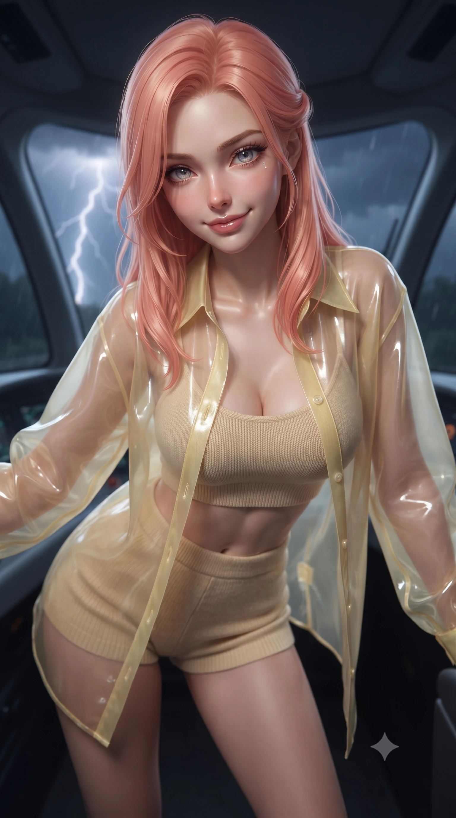 score_9, masterpiece, best quality, ultra-detailed, high-budget anime keyframe, editorial fashion photography, tasteful artistic composition, Japanese woman. close-up cowboy shot from the waist and thighs up, the character dominates the composition, filling the frame with her large presence, background elements kept in soft focus. leaning slightly forward with a playful, teasing smile, her gaze locked onto the viewer the background shows a soft-focus the cockpit window view of a high-tech panoramic railcar during a thunderstorm. She has an exceptionally elegant, slender, and willowy female figure with an ultra-slim waist, a gracefully sculpted slender torso, and a refined silhouette. sharp v-shaped jawline, high-bridge nose, intricate jewel-like eyes with depth, thick eyelashes, glossy lips with a natural sheen. wearing a body-hugging sheer organza shirt in pale yellow worn open over a knit crop top and micro-shorts. flashes of lightning casting momentary high-contrast chiaroscuro shadows. ultra-reflective glossy finish, specular highlights, metallic sheen, high-contrast stereoscopic depth, volumetric dynamic lighting, 2k, ultra detail, master piece, 9:16 ratio