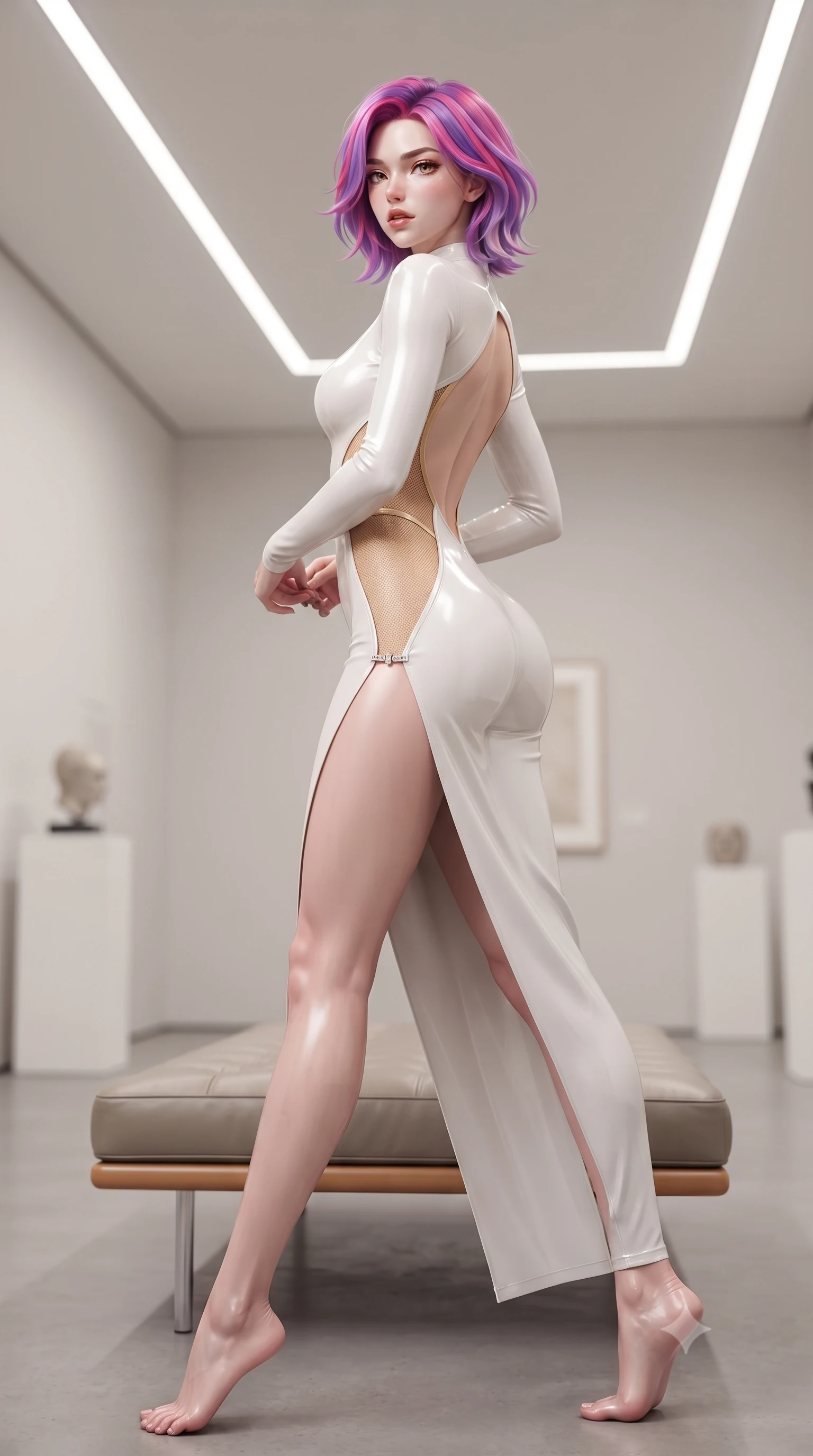 score_9, masterpiece, best quality, ultra-detailed, high-budget anime keyframe, editorial fashion photography, tasteful artistic composition, Caucasian woman. low angle full-body shot from head to toe showing her feet, filling the entire 9:16 vertical frame with her statuesque presence, stretching her vertical silhouette. executing an elegant mid-motion pivot turn as garments swirl around her slender limbs, glancing over her shoulder with an intoxicating bedroom-gaze while reclining on a low-slung minimalist leather bench in the airy gallery, her curvaceous hips and willowy limbs creating an avant-garde geometric silhouette. The composition keeps background elements in soft focus with creamy bokeh. minimalist art pedestals and recessed architectural linear ceiling lights softened in Scandinavian shallow focus. She has an exceptionally tall and slender model-like 8.5-heads proportion, an ultra-slim waist, a flat toned midriff, narrow delicate ribcage, and beautifully sculpted feminine hips creating a graceful, slim hourglass silhouette without any bulky heaviness, with impossibly long slender legs. sharp v-shaped jawline, high-bridge nose, intricate jewel-like eyes with depth, thick eyelashes, glossy parted lips with a natural sheen, intensely captivating and seductive bedroom-eyes expression, flawlessly proportioned anatomical accuracy, strict slender model proportions, natural body alignment, perfectly sculpted long slender limbs, ultra-slim waistline, clean dynamic posture without body distortion. wearing a second-skin compression catsuit with an open back and sheer mesh side waist contouring in pure alabaster white and sun-kissed gold, tailored from second-skin aerodynamic stretch vinyl with specular wet sheen, finished with an ultra-high side slit secured by miniature jeweled clasps, the form-contouring material adhering flawlessly to her sculpted flat midriff and slender torso, emphasizing her long leg lines and perfectly proportioned willowy build. illuminated by crisp architectural ceiling wash lights sculpturing her sculpted cheekbones, ultra-slim waist, and curvy hips. ultra-reflective glossy finish, specular highlights, rich textural contrasts, high-contrast stereoscopic depth, volumetric dynamic lighting, 2k, ultra detail, master piece, 9:16 ratio