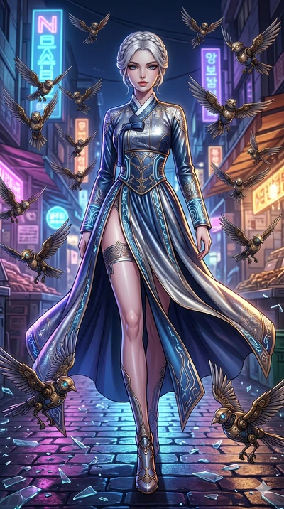 score_9, masterpiece, best quality, ultra-detailed, Set A: High-budget Anime Keyframe, Korean woman. Low angle cowboy shot filling the entire 9:16 frame with her statuesque presence. Standing victoriously through a neon-lit Neo-Seoul market, surround