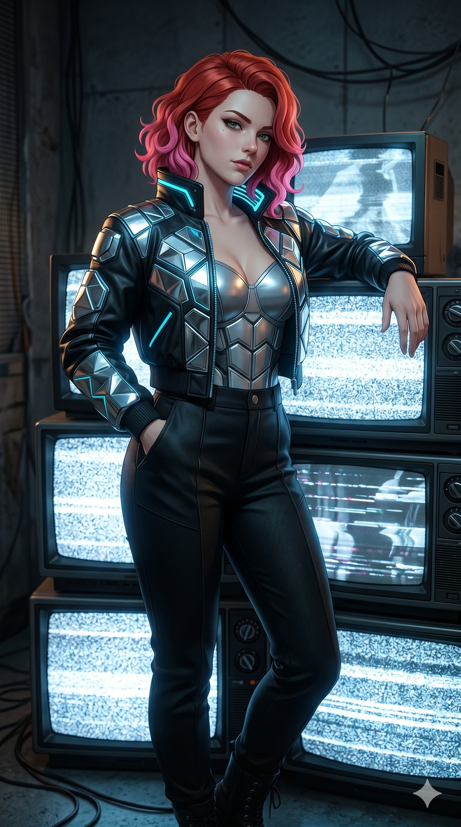 score_9, masterpiece, best quality, ultra-detailed, high-budget anime keyframe, Caucasian woman, strictly human ears. Upper body close-up from the thighs up, character filling the screen for maximum presence. Standing next to a retro crt tv stack showing static, leaning against the TV stack, looking towards the camera with a cool expression. She is wearing a cropped retro-future bomber jacket, a structured silver top, and pants. The scene is lit by the flickering white static light of the TV screens. 2k, ultra detail, master piece, 9:16 ratio