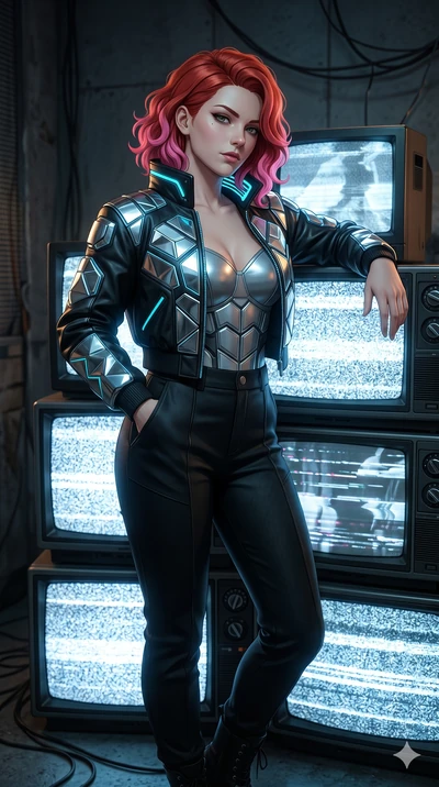 score_9, masterpiece, best quality, ultra-detailed, high-budget anime keyframe, Caucasian woman, strictly human ears. Upper body close-up from the thighs up, character filling the screen for maximum presence. Standing next to a retro crt tv stack sho
