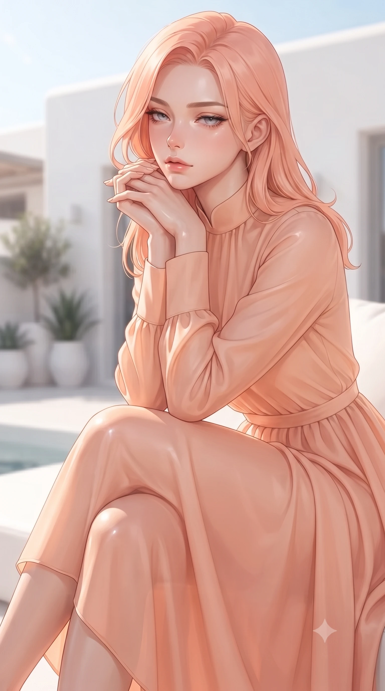 score_9, masterpiece, best quality, ultra-detailed, high-budget anime keyframe, editorial fashion photography, tasteful artistic composition, Japanese woman woman. close-up cowboy shot from the waist and thighs up, the character dominates the composition, filling the frame with her large presence, background elements kept in soft focus. resting her chin on the backs of her fingers, casting a heavy-lidded, sultry look past the camera the background shows a soft-focus a white-walled minimal villa suite with a private terrace and potted plants. She has an exceptionally elegant, slender, and willowy female figure with an ultra-slim waist, a gracefully sculpted slender torso, and a refined silhouette. sharp v-shaped jawline, high-bridge nose, intricate jewel-like eyes with depth, thick eyelashes, glossy lips with a natural sheen. wearing a tailored flowy peach-colored chiffon lounge gown with long sleeves and a modest high collar. bright morning sun rays creating fresh and energetic shadows. ultra-reflective glossy finish, specular highlights, metallic sheen, high-contrast stereoscopic depth, volumetric dynamic lighting, 2k, ultra detail, master piece, 9:16 ratio
