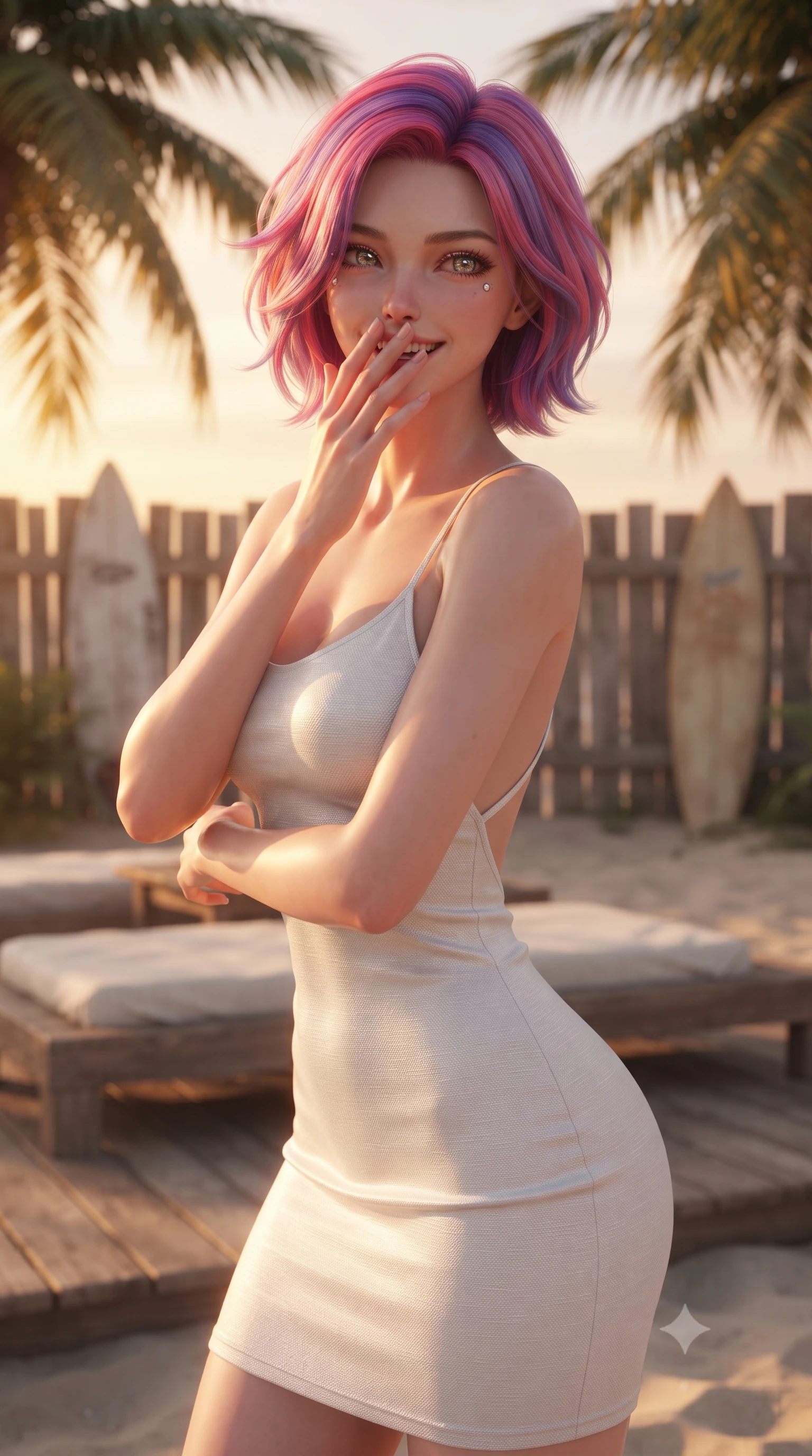 score_9, masterpiece, best quality, ultra-detailed, high-budget anime keyframe, editorial fashion photography, tasteful artistic composition, Caucasian woman. close-up cowboy shot from the waist and thighs up, the character dominates the composition, filling the frame with her large presence, background elements kept in soft focus. giggling cutely behind her hand, her eyes sparkling with joy and bright energy set against a soft-focus background of on a wooden sunbed deck built directly on the sandy beach under palms with a surfboard resting against a wooden fence in soft focus behind her. She has an exceptionally elegant, slender, and willowy female figure with an ultra-slim waist, a gracefully sculpted slender torso, and a refined silhouette. sharp v-shaped jawline, high-bridge nose, intricate jewel-like eyes with depth, thick eyelashes, glossy lips with a natural sheen. wearing body-hugging backless cotton sundress in white, featuring delicate straps and a long flowing skirt. golden hour sunset casting a warm, romantic orange wash over the beach. ultra-reflective glossy finish, specular highlights, metallic sheen, high-contrast stereoscopic depth, volumetric dynamic lighting, 2k, ultra detail, master piece, 9:16 ratio