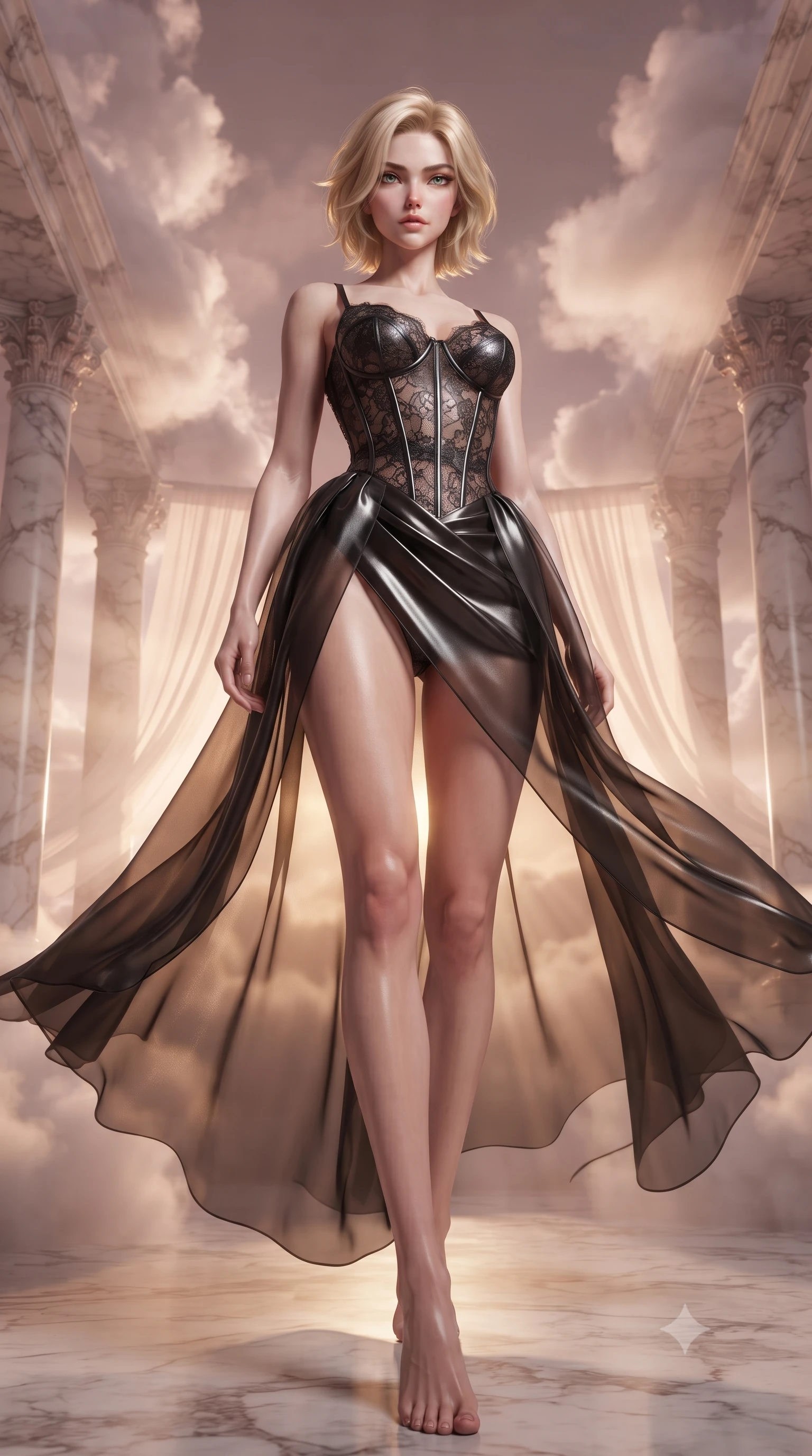 score_9, masterpiece, best quality, ultra-detailed, high-budget anime keyframe, editorial fashion photography, tasteful artistic composition, Caucasian woman woman. low angle full-body shot from head to toe showing her feet, filling the entire 9:16 vertical frame with her statuesque presence, stretching her vertical silhouette. She has an absolutely perfect, statuesque 8.5-heads proportion, an exceptionally tall and slender model-like female figure with impossibly long slender legs and an ultra-slim waist. standing victorious in a commanding statuesque pose, filling the frame with her slender presence, flawlessly proportioned anatomical accuracy, natural body alignment, perfectly sculpted elegant limbs, clean dynamic posture without body distortion. set against a soft-focus background of a rose-gold floating cloud sanctuary with marble colonnades. wearing a fine black lace corset dress with sheer organza drapes revealing a sculpted waistline. bathed in warm sunset sunbeams slicing through misty cloud drapes with a golden rim light. ultra-reflective glossy finish, specular highlights, metallic sheen, high-contrast stereoscopic depth, volumetric dynamic lighting, 2k, ultra detail, master piece, 9:16 ratio