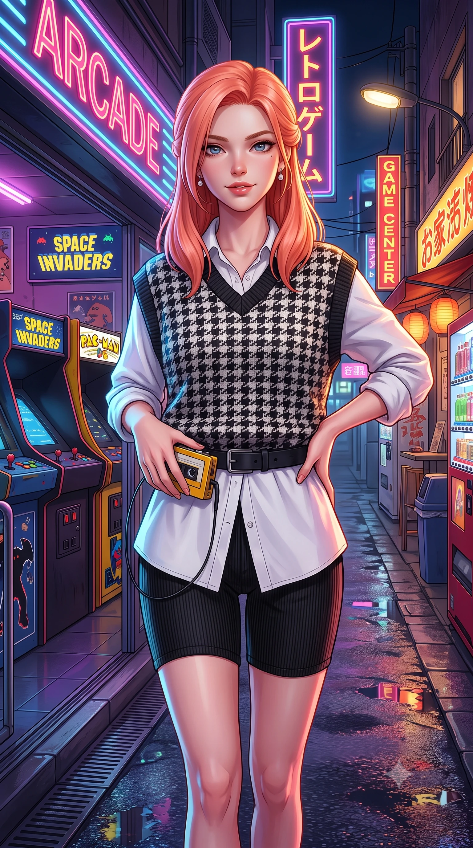 score_9, masterpiece, best quality, ultra-detailed, high-budget anime keyframe, semi-realistic 3D game render, editorial fashion photography, tasteful artistic composition, Japanese woman. close-up cowboy shot from the waist and thighs up, the character dominates the composition, filling the frame with her large presence. smiling with subtle, enchanting allure and glossy parted lips, one hand resting on her waist with effortless supermodel poise while stepping out of the arcade into the neon-lit alleyway, adjusting her cassette tape player with supreme retro cool. The surrounding environment is rendered in vivid detail and crisp panoramic clarity. vivid high-energy retro gaming chiaroscuro and authentic 80s arcade culture aesthetics rendered with precision. She has an exceptionally elegant, slender, and willowy female figure with an ultra-slim waist, a gracefully sculpted slender torso, toned flat midriff, and a refined slim silhouette. sharp v-shaped jawline, high-bridge nose, intricate jewel-like eyes with depth, thick eyelashes, glossy lips with a natural sheen, captivating and magnetic expression, flawlessly proportioned anatomical accuracy, strict slender model proportions, natural body alignment, perfectly sculpted long slender limbs, ultra-slim waistline, clean dynamic posture without body distortion. wearing an oversized 90s knit sweater vest worn over a crisp white boyfriend shirt and cycling shorts in classic monochrome houndstooth and cherry red, tailored from soft fine-wale corduroy with rich velvety texture, finished with polished mother-of-pearl buttons and tailored flap pockets, the breezy yet form-flattering drape swaying gracefully with her steps, accentuating her long willowy limbs and slim waistline. illuminated by crisp directional highlights defining her toned midriff, slender waist, and long legs. highly saturated vibrant anime colors, detailed shading with soft gradients, rich glossy textures, high-contrast stereoscopic depth, volumetric dynamic lighting, master piece, 9:16 ratio