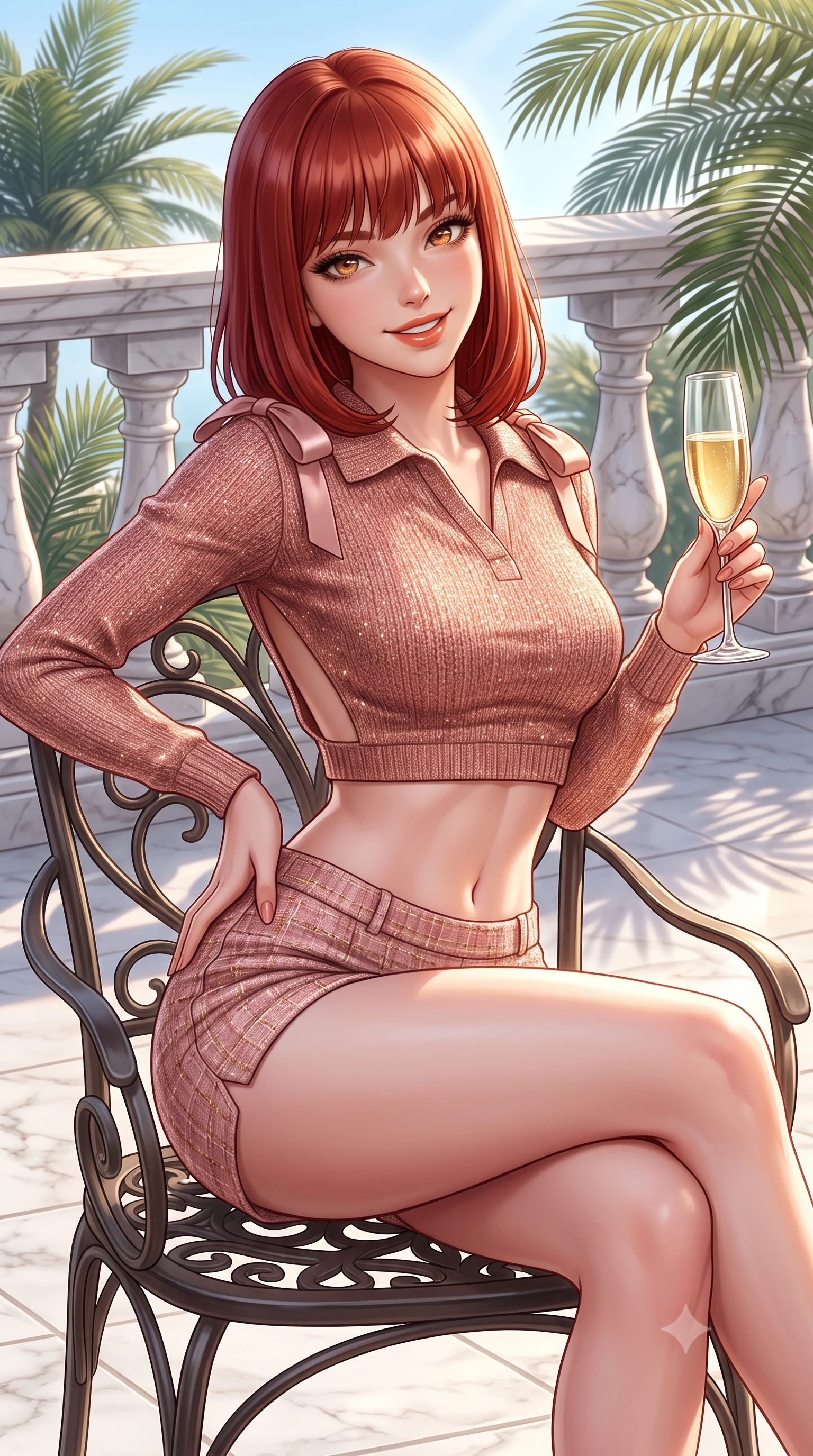 score_9, masterpiece, best quality, ultra-detailed, high-budget anime keyframe, semi-realistic 3D game render, editorial fashion photography, tasteful artistic composition, Caucasian woman. close-up cowboy shot from the waist and thighs up, the character dominates the composition, filling the frame with her large presence. tilting her head with a cute beaming smile while arching her spine with effortless dancer poise, one hand sliding along her hip line in a flirtatious S-curve while sitting gracefully in an ornate wrought-iron garden armchair with legs crossed, holding a champagne flute with effortless French Riviera poise. The surrounding environment is rendered in vivid detail and crisp panoramic clarity. sharp carved marble terrace balusters, palm frond ribs, and crystal glass clarity in deep focus. She has an exceptionally elegant, slender, and willowy female figure with an ultra-slim waist, flat toned midriff, narrow ribcage, and sculpted feminine hips creating an alluring, slim hourglass silhouette without bulk. sharp v-shaped jawline, high-bridge nose, sparkling amber-hazel eyes with depth, long lush eyelashes, glossy sun-kissed lips with a warm coral glaze, radiant teasing smile with sensual sunlit bedroom-eyes, exuding effortless old-money elegance and intoxicating sun-drenched allure, flawlessly proportioned anatomical accuracy, strict slender model proportions, natural body alignment, perfectly sculpted long slender limbs, ultra-slim waistline, clean dynamic posture without body distortion. wearing a chic cropped knit polo sweater paired with high-cut tailored tennis shorts hugging her rounded hips in soft dusty rose and molten copper shimmer, tailored from soft pastel resort tweed with subtle gold thread shimmer, finished with cute satin bow ribbons tying at the shoulders, the precision-cut side openings and low-back scoop framing her graceful spine and the sensual sweep of her slim, sun-kissed hips. illuminated by grand marble terrace bounce and sharp platinum rim lights sculpting her razor-sharp jawline, narrow waist, and curvy hips. highly saturated vibrant anime colors, detailed shading with soft gradients, rich glossy textures, high-contrast stereoscopic depth, volumetric dynamic lighting, master piece, 9:16 ratio