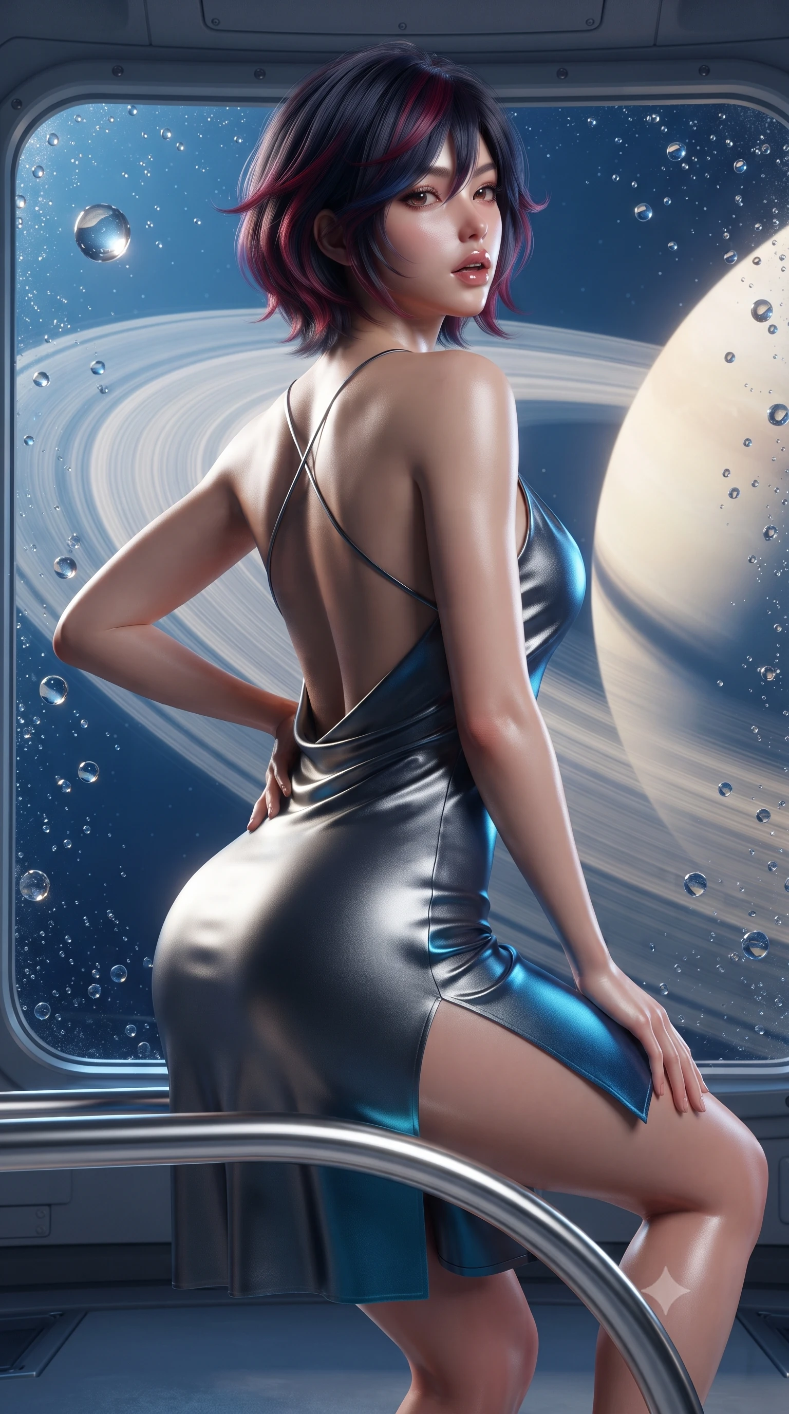 score_9, masterpiece, best quality, ultra-detailed, high-budget anime keyframe, editorial fashion photography, tasteful artistic composition, Korean woman. close-up cowboy shot from the waist and thighs up, the character dominates the composition, filling the frame with her large presence. posing in an alluring rear three-quarter angle, arching her lower back in a pronounced S-curve with one hand on her hip, glancing seductively over her bare shoulder with parted glossy lips while perching on the rim of a curved platinum-framed lounger, arching her lower back as the colossal opalescent ice rings of Saturn stretch across the panoramic quartz viewport. The surrounding environment is rendered in vivid detail and crisp panoramic clarity. sharp quartz glass viewport rivets, zero-G water sphere surface tension, and Saturn ring particle density in deep focus. She has an exceptionally elegant, slender, and willowy female figure with an ultra-slim waist, flat toned midriff, narrow ribcage, and sculpted feminine hips creating an alluring, slim hourglass silhouette without bulk. sharp v-shaped jawline, high-bridge nose, intricate jewel-like eyes with depth, thick eyelashes, glossy parted lips with a natural sheen, intensely captivating and seductive bedroom-eyes expression, flawlessly proportioned anatomical accuracy, strict slender model proportions, natural body alignment, perfectly sculpted long slender limbs, ultra-slim waistline, clean dynamic posture without body distortion. wearing a backless cowl-neck satin slip dress featuring high-cut side hip slits and delicate criss-cross back straps in metallic gunmetal and electric azure, tailored from liquid silk jersey adhering flawlessly to her slender build, finished with criss-cross back satin straps highlighting her graceful shoulder blades, the glove-like aerodynamic silhouette tightly following the natural contour of her hips and long slender legs with statuesque 8.5-heads elegance. bathed in ethereal golden ring-shine from Saturn's rings contrasting with deep space blue ambient fill. ultra-reflective glossy finish, specular highlights, rich textural contrasts, high-contrast stereoscopic depth, volumetric dynamic lighting, 2k, ultra detail, master piece, 9:16 ratio