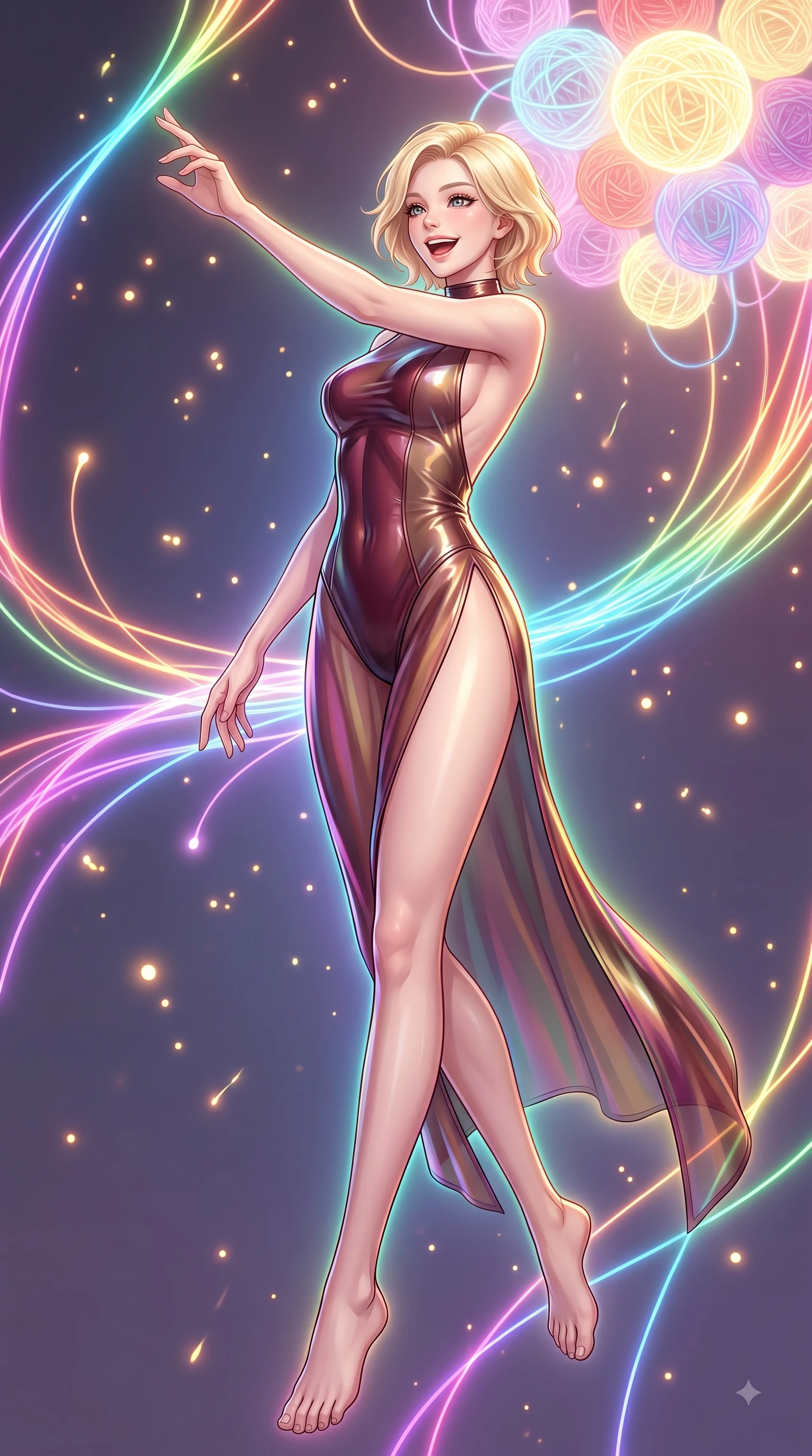 score_9, masterpiece, best quality, ultra-detailed, high-budget anime keyframe, editorial fashion photography, tasteful artistic composition, Caucasian woman. low angle full-body shot from head to toe showing her feet, filling the entire 9:16 vertical frame with her statuesque presence, stretching her vertical silhouette. pivoting dynamically in zero-gravity with a delighted laughing expression, displaying her perfect model proportions while reaching forward with a cheerful arm stretch to touch a cluster of glowing yarn spheres, glowing fiber optic motes drifting like fireflies in the cheerful background. She has an absolutely perfect, statuesque 8.5-heads proportion, an exceptionally tall and slender model-like female figure with impossibly long slender legs and an ultra-slim waist. sharp v-shaped jawline, high-bridge nose, intricate jewel-like eyes with depth, thick eyelashes, glossy lips with a natural sheen, flawlessly proportioned anatomical accuracy, natural body alignment, perfectly sculpted elegant limbs, clean dynamic posture without body distortion. wearing a high-cut translucent vinyl leotard with front paneling and open back in deep burgundy and bronze, crafted from iridescent chiffon that shifts colors in the light, finished with a sleek side slit ascending to mid-thigh, the tailored fabric tightly following every curve of her athletic build. illuminated by the brilliant glow of rainbow luminescent plasma threads. highly saturated vibrant anime colors, detailed shading with soft gradients, rich glossy textures, high-contrast stereoscopic depth, volumetric dynamic lighting, master piece, 9:16 ratio
