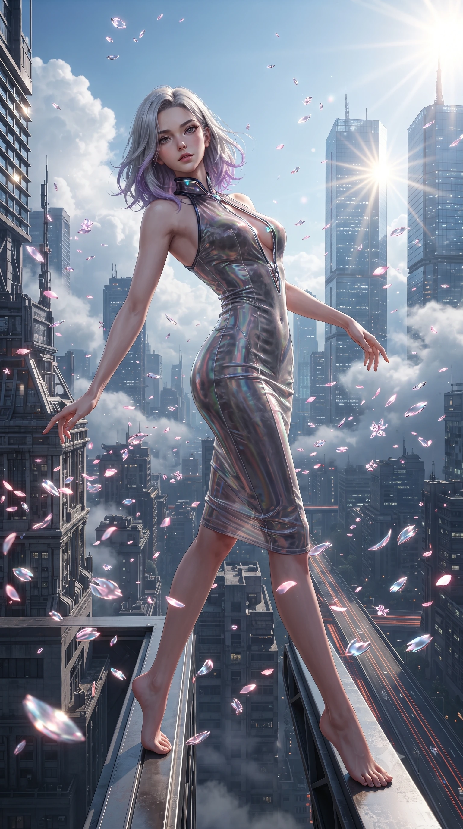 score_9, masterpiece, best quality, ultra-detailed, high-budget anime keyframe, editorial fashion photography, tasteful artistic composition, Caucasian woman. low angle full-body shot from head to toe showing her feet, filling the entire 9:16 vertical frame with her statuesque presence, stretching her vertical silhouette. arching her back in a fluid zero-gravity turn with sovereign grace, her long slender legs and sculpted torso creating a sweeping line while standing on the edge of a cyber skyscraper as cybernetic sakura petals blizzard around her in the wind. The surrounding environment is rendered in vivid detail and crisp panoramic clarity. intricate cyberpunk skyscraper architecture, atmospheric clouds, and highway light trails in crisp clarity. She has an absolutely perfect, statuesque 8.5-heads proportion, an exceptionally tall and slender model-like female figure with impossibly long slender legs and an ultra-slim waist. sharp v-shaped jawline, high-bridge nose, intricate jewel-like eyes with depth, thick eyelashes, glossy lips with a natural sheen, flawlessly proportioned anatomical accuracy, natural body alignment, perfectly sculpted elegant limbs, clean dynamic posture without body distortion. wearing a velvet halter-neck midi dress fitting her statuesque contour flawlessly with a Tasteful chest slit and open spine in translucent smoky quartz and iridescent holographic sheen, crafted from ultra-reflective second-skin latex with a glass-like polish, featuring a dangerously unzipped neckline framed by glowing cybernetic accents, the glove-like fit tightly following every curve of her statuesque athletic build. bathed in brilliant morning sunlight and sharp sun rays reflecting off distant glass skyscrapers. ultra-reflective glossy finish, specular highlights, metallic sheen, high-contrast stereoscopic depth, volumetric dynamic lighting, 2k, ultra detail, master piece, 9:16 ratio