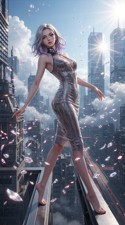 score_9, masterpiece, best quality, ultra-detailed, high-budget anime keyframe, editorial fashion photography, tasteful artistic composition, Caucasian woman. low angle full-body shot from head to toe showing her feet, filling the entire 9:16 vertica