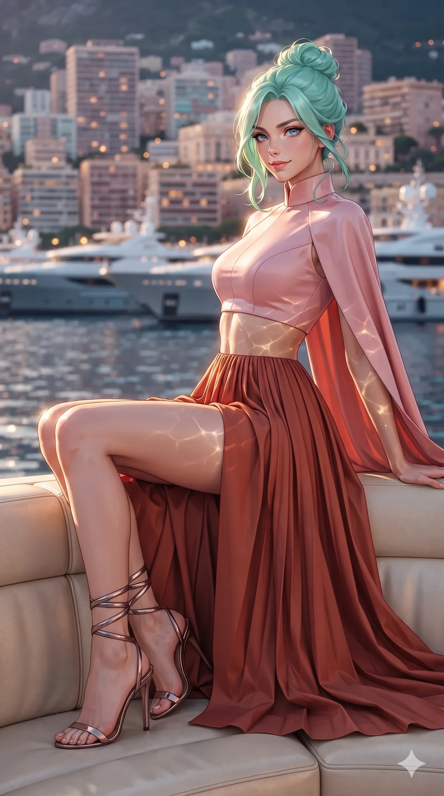 score_9, masterpiece, best quality, ultra-detailed, high-budget anime keyframe, editorial fashion photography, tasteful artistic composition, Japanese woman. close-up cowboy shot from the waist and thighs up, the character dominates the composition, filling the frame with her large presence. perched sideways on the lounge seat, one knee drawn up to showcase her slender leg line while her arched back accentuates her feminine hip curve while twisting her slender torso in an alluring S-curve beside the stainless steel yacht transom gate, shimmering harbor reflections tracing her flat midriff and curvy hips. The background shows a soft-focus tiers of illuminated Monaco high-rises, anchored superyachts, and gentle turquoise harbor ripples blurred into champagne, cyan, and rose-gold bokeh. She has an exceptionally elegant, slender, and willowy female figure with an ultra-slim waist, flat toned midriff, narrow ribcage, and sculpted feminine hips creating an alluring, slim hourglass silhouette without bulk. sharp v-shaped jawline, high-bridge nose, sparkling eyes with hypnotic seductive depth, thick curled eyelashes, glossy parted lips with a natural dewy peach sheen, alluring bedroom-eyes with an enchanting coquettish smile, exuding magnetic siren charisma and sophisticated glamour, flawlessly proportioned anatomical accuracy, strict slender model proportions, natural body alignment, perfectly sculpted long slender limbs, ultra-slim waistline, clean dynamic posture without body distortion. wearing a bespoke Mediterranean tailored cape-sleeve evening gown with high collar and fluid pleated skirt in Positano pastel rose and terracotta brick, tailored from crisp high-density nautical cotton poplin with pristine structural hold, complemented by strappy stiletto sandals with metallic ankle wraps accentuating her slender calves, the impeccably tailored cut draping gracefully along her slender figure with aristocratic resort poise. bathed in the blinding, warm 2800K late-afternoon sun rays casting dazzling specular highlights along her silhouette. ultra-reflective glossy finish, specular highlights, rich textural contrasts, high-contrast stereoscopic depth, volumetric dynamic lighting, 2k, ultra detail, master piece, 9:16 ratio