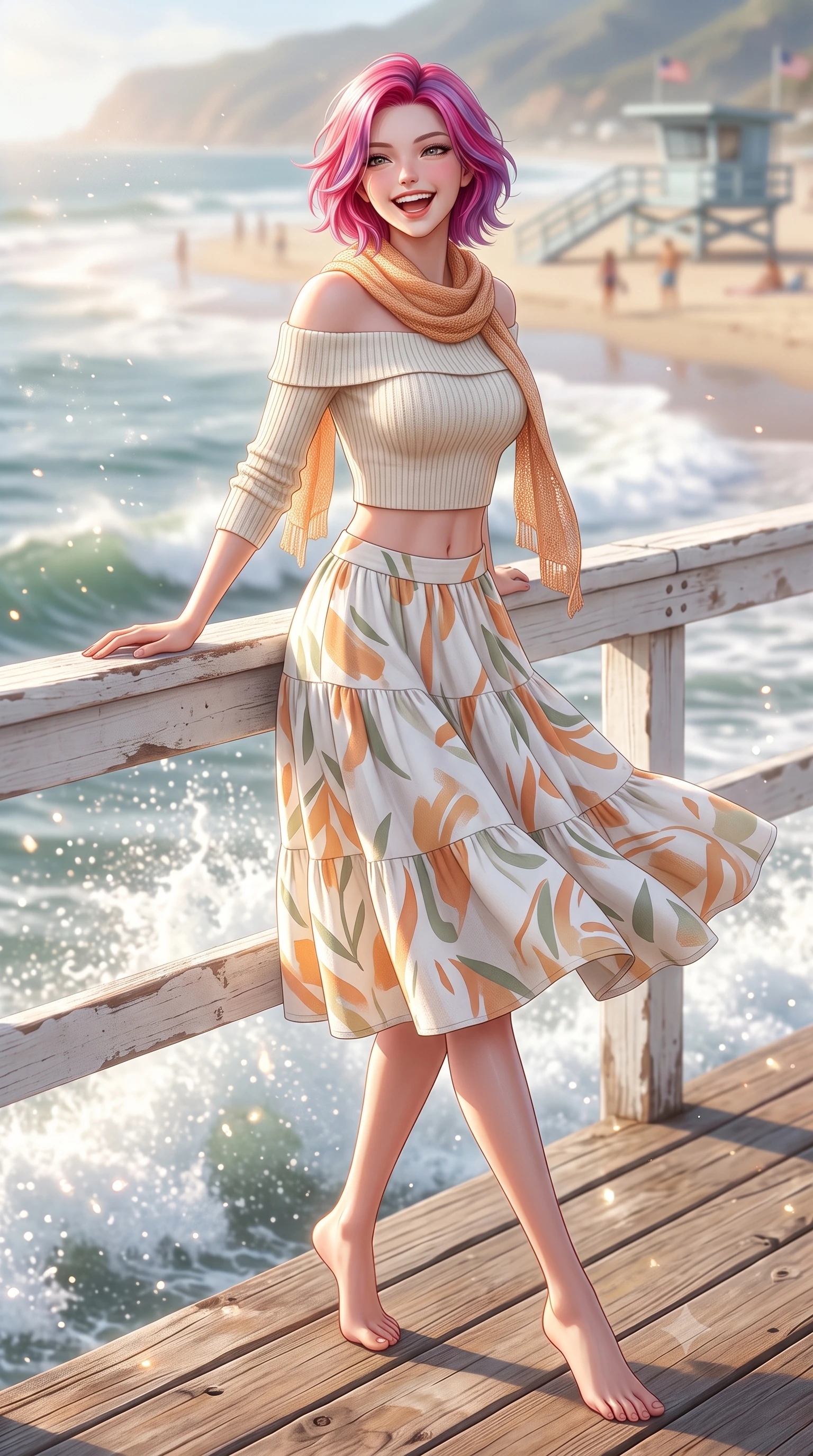 score_9, masterpiece, best quality, ultra-detailed, high-budget anime keyframe, semi-realistic 3D game render, editorial fashion photography, tasteful artistic composition, Caucasian woman. low angle full-body shot from head to toe showing her feet, filling the entire 9:16 vertical frame with her statuesque presence, stretching her vertical silhouette. stepping forward gracefully in mid-motion with a delighted cute laugh, displaying her tall slender model proportions while leaning against a rustic white wooden railing above crashing ocean waves, her smile as bright as the summer sun. The composition keeps background elements in soft focus with creamy bokeh. warm beach sunlight refracting off ocean spray mist scattering shimmering light motes. She has an absolutely perfect, statuesque 8.5-heads proportion, an exceptionally tall and slender model-like female figure with impossibly long slender legs, a toned flat midriff, and an ultra-slim waist. sharp v-shaped jawline, high-bridge nose, intricate jewel-like eyes with depth, thick eyelashes, glossy lips with a natural sheen, pure and lovely fresh girlhood expression, flawlessly proportioned anatomical accuracy, strict slender model proportions, natural body alignment, perfectly sculpted long slender limbs, ultra-slim waistline, clean dynamic posture without body distortion. wearing a fresh off-shoulder ribbed knit top paired with a tiered white cotton midi skirt in warm apricot and sage green, crafted from soft breathable linen that flutters gently in the breeze, finished with a lightweight knitted scarf draped loosely around her neck, the relaxed yet flattering fit accentuating her naturally graceful and slender figure, highlighting her youthful charm and lovely silhouette. surrounded by a refreshing, breezy, and irresistibly vibrant coastal sweetheart aura. highly saturated vibrant anime colors, detailed shading with soft gradients, rich glossy textures, high-contrast stereoscopic depth, volumetric dynamic lighting, master piece, 9:16 ratio