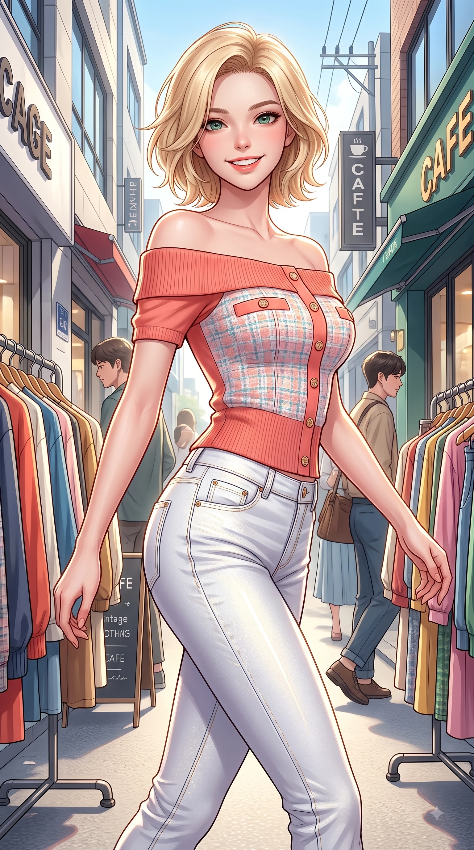 score_9, masterpiece, best quality, ultra-detailed, high-budget anime keyframe, editorial fashion photography, tasteful artistic composition, Caucasian woman. close-up cowboy shot from the waist and thighs up, the character dominates the composition, filling the frame with her large presence. Gazing directly into the camera with a fresh, infectious smile as her torso curves dynamically in mid-stride while browsing outdoor vintage clothing racks with a bright, playful expression looking back at the camera. The surrounding environment is rendered in vivid detail and crisp panoramic clarity. crisp sunlight highlights filtering between stylish Seongsu boutiques and modern cafes. She has an exceptionally elegant, slender, and willowy female figure with an ultra-slim waist, a gracefully sculpted slender torso, and a refined silhouette. sharp v-shaped jawline, high-bridge nose, intricate jewel-like eyes with depth, thick eyelashes, glossy lips with a natural sheen, flawlessly proportioned anatomical accuracy, natural body alignment, perfectly sculpted elegant limbs, clean dynamic posture without body distortion. wearing a stylish off-shoulder coral knit top with slim-fit white stretch denim pants in warm coral pink and champagne ivory, tailored from soft pastel tweed with subtle metallic thread, finished with neat front wooden buttons and pocket details, the tailored casual silhouette highlighting her fresh and youthful presence. surrounded by a trendy, youthful, and energetic fashion street aura. highly saturated vibrant anime colors, detailed shading with soft gradients, rich glossy textures, high-contrast stereoscopic depth, volumetric dynamic lighting, master piece, 9:16 ratio