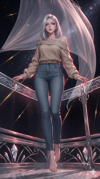 score_9, masterpiece, best quality, ultra-detailed, high-budget anime keyframe, editorial fashion photography, tasteful artistic composition, Korean woman. low angle full-body shot from head to toe showing her feet, filling the entire 9:16 vertical f