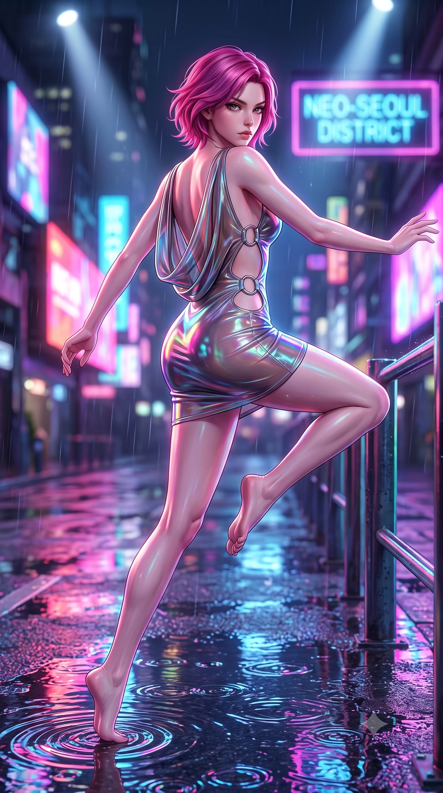 score_9, masterpiece, best quality, ultra-detailed, high-budget anime keyframe, semi-realistic 3D game render, editorial fashion photography, tasteful artistic composition, Caucasian woman. low angle full-body shot from head to toe showing her feet, filling the entire 9:16 vertical frame with her statuesque presence, stretching her vertical silhouette. performing an alluring mid-air vault with flawless poise, looking directly into the camera with smoldering intensity while pivoting dynamically on reflective wet asphalt as vibrant neon billboard lights ripple across puddles. The composition keeps background elements in soft focus with creamy bokeh. vibrant neon billboards and cascading rain droplets blurred into dazzling urban bokeh. She has an absolutely perfect, statuesque 8.5-heads proportion, an exceptionally tall and slender model-like female figure with impossibly long slender legs and an ultra-slim waist. sharp v-shaped jawline, high-bridge nose, intricate jewel-like eyes with depth, thick eyelashes, glossy lips with a natural sheen, flawlessly proportioned anatomical accuracy, natural body alignment, perfectly sculpted elegant limbs, clean dynamic posture without body distortion. wearing a precision-fitted liquid jersey bodycon dress with a dramatic draped cowl back that swoops down to her waist in translucent smoky quartz and iridescent holographic sheen, tailored from semi-translucent cybernetic vinyl with glowing micro-filaments, detailed with polished silver rings connecting the daring side-waist cutouts, the sleek aerodynamic cut emphasizing her magnetic presence and alluring physical grace. bathed in multi-colored neon reflections from wet surfaces and sharp overhead spotlights. highly saturated vibrant anime colors, detailed shading with soft gradients, rich glossy textures, high-contrast stereoscopic depth, volumetric dynamic lighting, master piece, 9:16 ratio