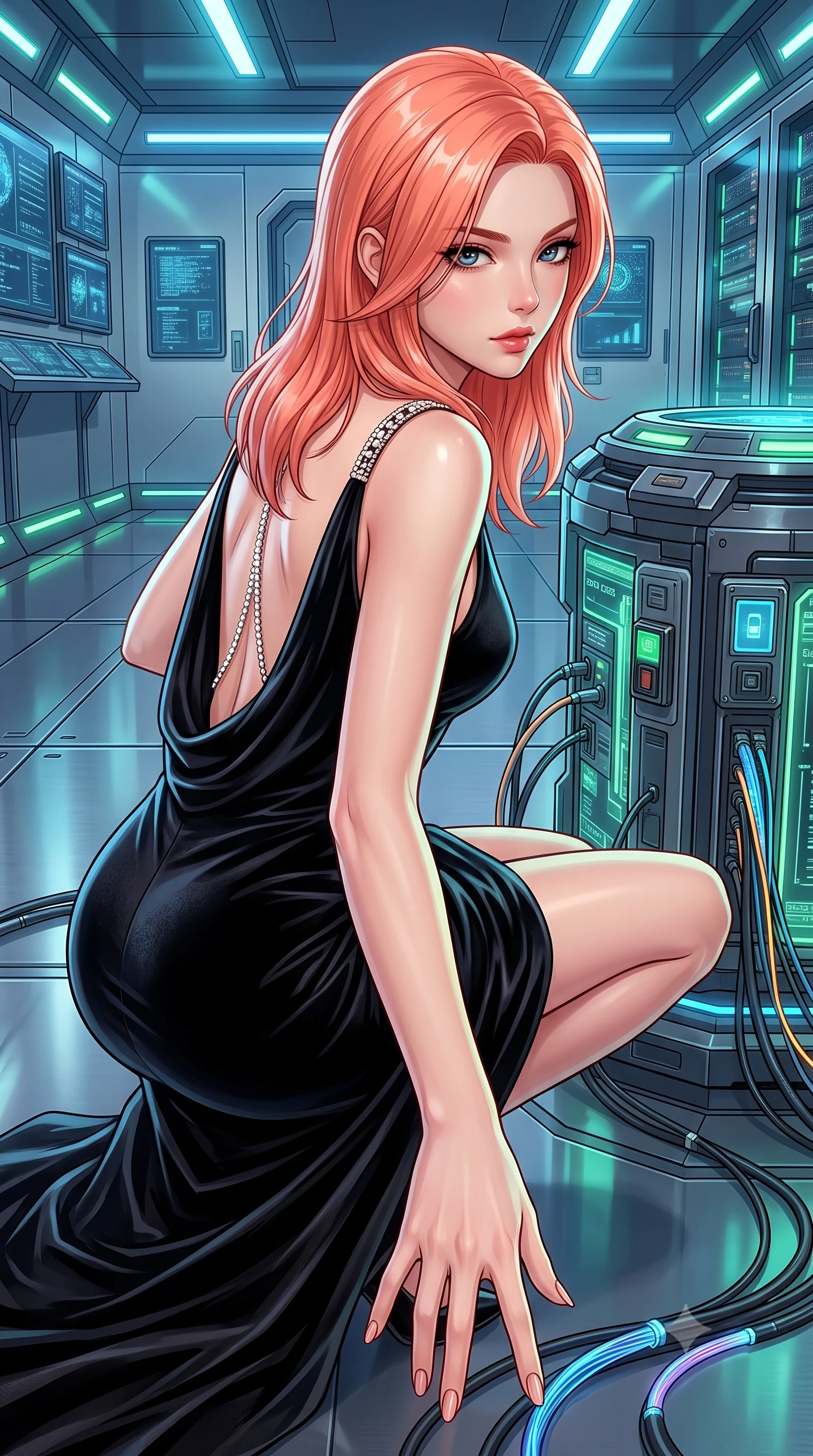 score_9, masterpiece, best quality, ultra-detailed, high-budget anime keyframe, semi-realistic 3D game render, editorial fashion photography, tasteful artistic composition, Japanese woman. close-up cowboy shot from the waist and thighs up, the character dominates the composition, filling the frame with her large presence. extending one slender arm gracefully toward the foreground while casting an affectionate, mesmerizing glance while sliding into a low tactical crouch beside a glowing data core, eyes scanning the perimeter with lethal intelligence. The surrounding environment is rendered in vivid detail and crisp panoramic clarity. detailed tactical bodysuit seams, electronic keycard bypass devices, and data cables in high resolution. She has an exceptionally elegant, slender, and willowy female figure with an ultra-slim waist, a gracefully sculpted slender torso, toned flat midriff, and a refined slim silhouette. sharp v-shaped jawline, high-bridge nose, intricate jewel-like eyes with depth, thick eyelashes, glossy lips with a natural sheen, captivating and magnetic expression, flawlessly proportioned anatomical accuracy, strict slender model proportions, natural body alignment, perfectly sculpted long slender limbs, ultra-slim waistline, clean dynamic posture without body distortion. wearing an opulent backless black velvet evening gown with a plunging cowl back and diamond-encrusted shoulder straps in midnight black and liquid gold, crafted from heavyweight crushed silk velvet with liquid luster, accented with a glittering diamond back chain tracing her bare spine, the breezy yet form-flattering drape swaying gracefully with her steps, accentuating her long willowy limbs and slim waistline. surrounded by a deadly, sophisticated, and irresistibly alluring secret agent femme fatale aura. highly saturated vibrant anime colors, detailed shading with soft gradients, rich glossy textures, high-contrast stereoscopic depth, volumetric dynamic lighting, master piece, 9:16 ratio