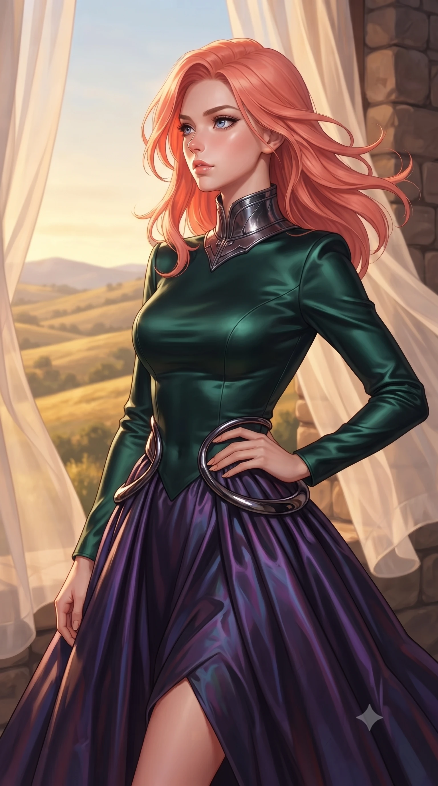 score_9, masterpiece, best quality, ultra-detailed, high-budget anime keyframe, editorial fashion photography, tasteful artistic composition, Japanese woman. close-up cowboy shot from the waist and thighs up, the character dominates the composition, filling the frame with her large presence, background elements kept in soft focus. Holding a confident power pose with one hand on her hip, looking out over rolling golden hills as evening wind trails move her silk dress, sheer linen curtains fluttering gently in the warm country breeze. She has an exceptionally elegant, slender, and willowy female figure with an ultra-slim waist, a gracefully sculpted slender torso, and a refined silhouette. sharp v-shaped jawline, high-bridge nose, intricate jewel-like eyes with depth, thick eyelashes, glossy lips with a natural sheen. wearing long-sleeved dark emerald satin gown with high structured collar in metallic dark silver, made of iridescent dark violet taffeta, accented with sculpted obsidian chrome rings at the waist, sculpting her athletic slender build with refined precision. illuminated by rich amber daylight and warm fill light from stone walls. highly saturated vibrant anime colors, detailed shading with soft gradients, rich glossy textures, high-contrast stereoscopic depth, volumetric dynamic lighting, master piece, 9:16 ratio
