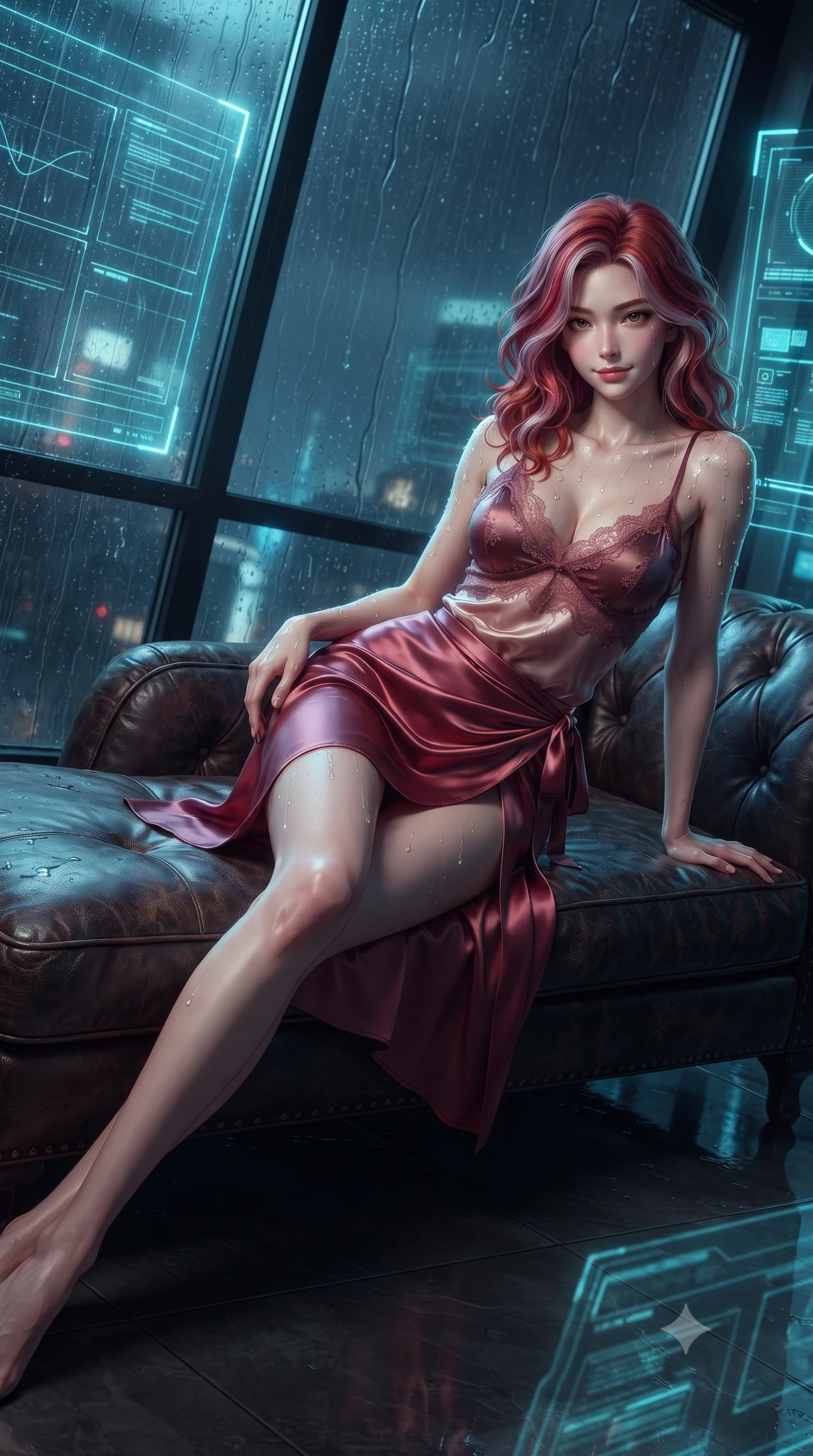 score_9, masterpiece, best quality, ultra-detailed, high-budget anime keyframe, editorial fashion photography, tasteful artistic composition, Caucasian woman. low angle full-body shot from head to toe showing her feet, filling the entire 9:16 vertical frame with her statuesque presence, stretching her vertical silhouette. reclining gracefully across the plush chaise lounge with one leg extended, her sculpted silhouette and flat midriff radiating magnetic nocturnal glamour while twisting her slender torso in an alluring contrapposto stance, glowing holographic surveillance screens and neon rain tracing her curves. The surrounding environment is rendered in vivid detail and crisp panoramic clarity: sharp holographic UI lines, rain stream rivulets on exterior glass, and distressed leather sofa grain in deep focus. She has an absolutely perfect, statuesque 8.5-heads proportion, an exceptionally tall and slender model-like female figure with impossibly long slender legs, an ultra-slim waist, a flat toned midriff, narrow delicate ribcage, and beautifully sculpted feminine hips creating a graceful, slim hourglass silhouette without any bulky heaviness. sharp v-shaped jawline, high-bridge nose, sparkling eyes with hypnotic seductive depth, thick curled eyelashes, glossy parted lips with a natural dewy peach sheen, alluring bedroom-eyes with an enchanting coquettish smile, exuding magnetic siren charisma and sophisticated glamour, flawlessly proportioned anatomical accuracy, strict slender model proportions, natural body alignment, perfectly sculpted long slender limbs, ultra-slim waistline, clean dynamic posture without body distortion. wearing a delicate lace-trimmed silk camisole paired with a draped satin wrap sarong mini skirt with high side slit in smoldering crimson wine and deep rose-gold, tailored from fine structural neoprene with crisp architectural edges and smooth contouring, finished with glistening drops of pool water beading across her sculpted shoulders and collarbones, the liquid-tight tailored fabric clinging flawlessly to her narrow waist and rounded feminine hips, emphasizing every millimeter of her sculpted slim hourglass curves without any bulky heaviness. illuminated by polished floor reflections and sharp electric-cyan rim lights sculpting her razor-sharp jawline, narrow waist, and curvy hips. ultra-reflective glossy finish, specular highlights, rich textural contrasts, high-contrast stereoscopic depth, volumetric dynamic lighting, 2k, ultra detail, master piece, 9:16 ratio