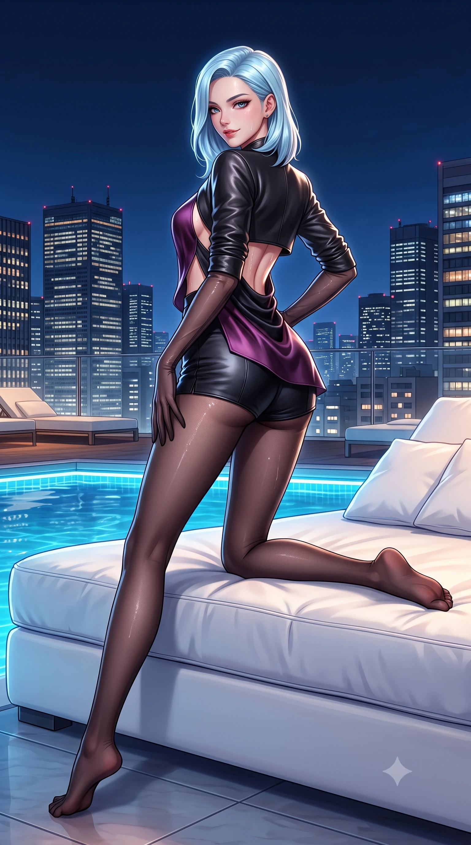 score_9, masterpiece, best quality, ultra-detailed, high-budget anime keyframe, semi-realistic 3D game render, editorial fashion photography, tasteful artistic composition, Korean woman. low angle full-body shot from head to toe showing her feet, filling the entire 9:16 vertical frame with her statuesque presence, stretching her vertical silhouette. posing with back turned slightly to the lens, glancing back with an intoxicating, dangerous smile as she arches her lower back to emphasize her sculpted feminine hips and slender waist while reclining gracefully on an oversized white leather daybed under the open midnight sky, her long slender legs and hourglass curves commanding the frame. The surrounding environment is rendered in vivid detail and crisp panoramic clarity. detailed evening wear sheen, glistening moisture on skin, and Tokyo skyline architectural precision in high resolution. She has an exceptionally tall and slender model-like 8.5-heads proportion, an ultra-slim waist, a flat toned midriff, narrow delicate ribcage, and beautifully sculpted feminine hips creating a graceful, slim hourglass silhouette without any bulky heaviness, with impossibly long slender legs. sharp v-shaped jawline, high-bridge nose, intricate jewel-like dark sparkling eyes with dangerous depth, thick curled eyelashes, glossy parted lips with a rich wine sheen, smoldering seductive half-smile with bedroom-eyes, exuding effortless superiority and intoxicating dark allure, flawlessly proportioned anatomical accuracy, strict slender model proportions, natural body alignment, perfectly sculpted long slender limbs, ultra-slim waistline, clean dynamic posture without body distortion. wearing a chic cropped lambskin leather bolero jacket paired with high-waisted leather micro-shorts and sheer black hosiery in rich plum violet and deep onyx black, crafted from heavy fluid silk satin with a liquid mirror-like drape, complemented by sheer dark opera gloves reaching past her elbows, the precision-cut side openings and low-back scoop framing her graceful spine and the sensual sweep of her slim, toned hips. illuminated by underwater pool LED accents and crisp platinum rim lighting sharply defining her slim waist, toned midriff, and curvy hips. highly saturated vibrant anime colors, detailed shading with soft gradients, rich glossy textures, high-contrast stereoscopic depth, volumetric dynamic lighting, master piece, 9:16 ratio