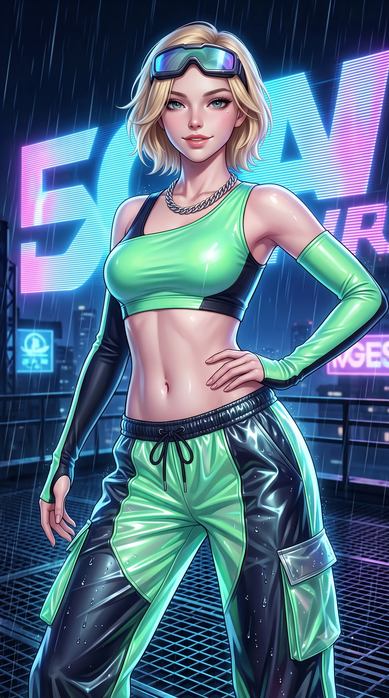 score_9, masterpiece, best quality, ultra-detailed, high-budget anime keyframe, semi-realistic 3D game render, editorial fashion photography, tasteful artistic composition, Caucasian woman. close-up cowboy shot from the waist and thighs up, the character dominates the composition, filling the frame with her large presence. smiling with subtle, enchanting allure and glossy parted lips, one hand resting on her waist with effortless supermodel poise while pivoting with energetic street-dance momentum as giant holographic animated logos flash across the night sky behind her. The surrounding environment is rendered in vivid detail and crisp panoramic clarity. sharp holographic projection scanlines, rain droplets beaded on metallic cargo pants, and rooftop grating in deep focus. She has an exceptionally elegant, slender, and willowy female figure with an ultra-slim waist, a gracefully sculpted slender torso, toned flat midriff, and a refined slim silhouette. sharp v-shaped jawline, high-bridge nose, intricate jewel-like eyes with depth, thick eyelashes, glossy lips with a natural sheen, captivating and magnetic expression, flawlessly proportioned anatomical accuracy, strict slender model proportions, natural body alignment, perfectly sculpted long slender limbs, ultra-slim waistline, clean dynamic posture without body distortion. wearing a sporty asymmetrical sleeve-warmer crop top with low-slung metallic parachute track pants in neon mint green and dark obsidian, made of semi-translucent cybernetic vinyl with glowing micro-filaments, accessorized with a chunky silver chain necklace and cyber-visor goggles resting on her brow, the glove-like aerodynamic second-skin fit tightly clinging to her ultra-slender waist and athletic curves without adding bulk, accentuating her razor-sharp statuesque lines and slim hourglass silhouette. surrounded by a vibrant, fearless, and passionately energetic Y2K party queen aura. highly saturated vibrant anime colors, detailed shading with soft gradients, rich glossy textures, high-contrast stereoscopic depth, volumetric dynamic lighting, master piece, 9:16 ratio