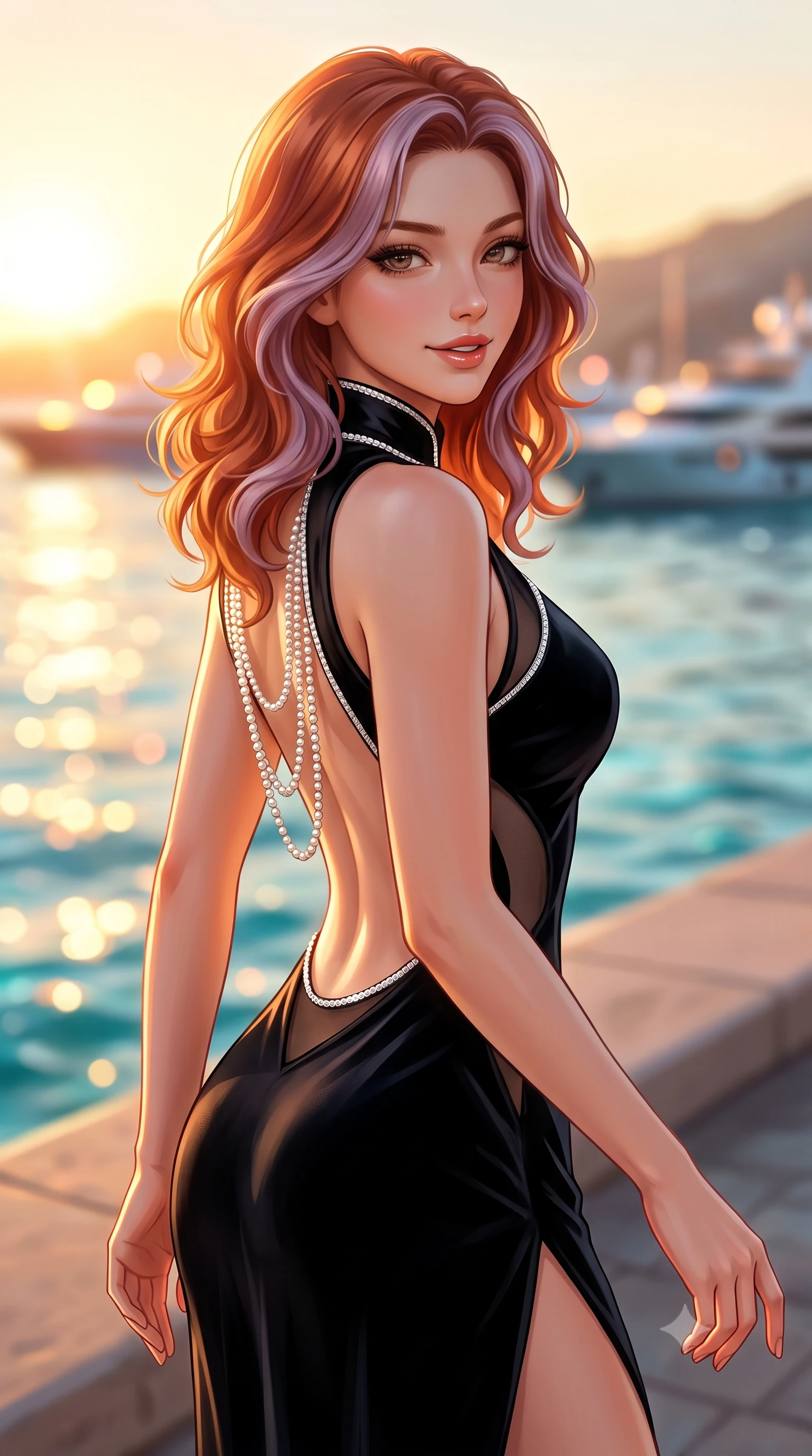 score_9, masterpiece, best quality, ultra-detailed, high-budget anime keyframe, semi-realistic 3D game render, editorial fashion photography, tasteful artistic composition, Caucasian woman. close-up cowboy shot from the waist and thighs up, the character dominates the composition, filling the frame with her large presence. turning over a bare shoulder with an intoxicating, teasing smile, her soft hair framing her sharp jawline as her hips angle gracefully while striding gracefully along the coastal corniche as sea winds flutter her open silk scarf, hips swaying in an alluring supermodel rhythm. The composition keeps background elements in soft focus with creamy bokeh. sparkling Mediterranean turquoise waves and distant luxury yachts blurred into molten azure, gold, and coral bokeh. She has an exceptionally elegant, slender, and willowy female figure with an ultra-slim waist, flat toned midriff, narrow ribcage, and sculpted feminine hips creating an alluring, slim hourglass silhouette without bulk. sharp v-shaped jawline, high-bridge nose, intricate jewel-like eyes with depth, thick eyelashes, glossy parted lips with a natural sheen, intensely captivating and seductive bedroom-eyes expression, flawlessly proportioned anatomical accuracy, strict slender model proportions, natural body alignment, perfectly sculpted long slender limbs, ultra-slim waistline, clean dynamic posture without body distortion. wearing a wet-look silk fusion wrap dress with asymmetrical sheer mesh cutouts and high Mandarin collar in pitch-black velvet with diamond crystal trim, crafted from second-skin supple lambskin leather with liquid drape, accented with a multi-strand pearl back necklace cascading down her bare spine to her hips, the precision-cut side openings and low-back scoop framing her graceful spine and the sensual sweep of her slim, toned hips. bathed in glorious golden hour Mediterranean sunset backlighting and warm amber road fill. highly saturated vibrant anime colors, detailed shading with soft gradients, rich glossy textures, high-contrast stereoscopic depth, volumetric dynamic lighting, master piece, 9:16 ratio