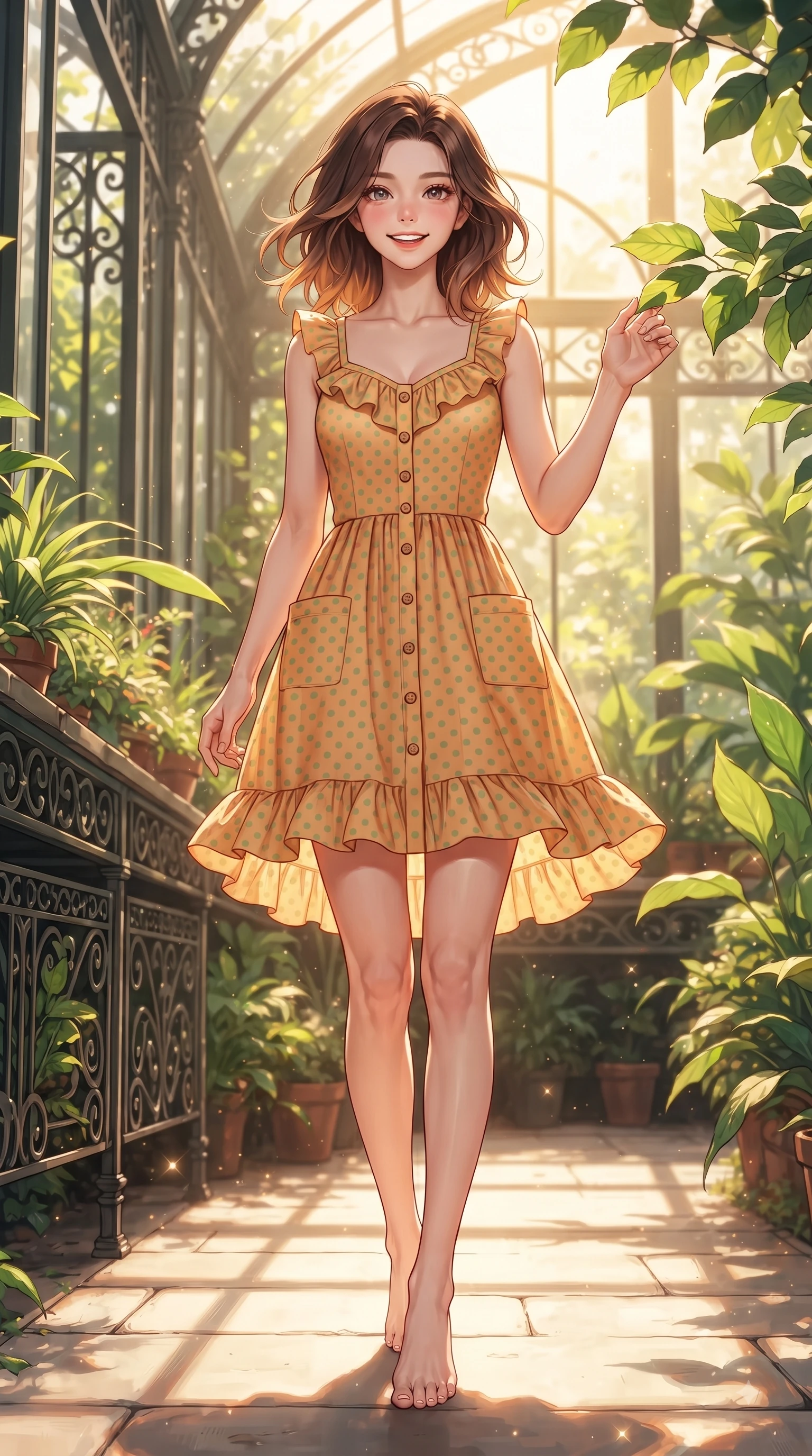 score_9, masterpiece, best quality, ultra-detailed, high-budget anime keyframe, editorial fashion photography, tasteful artistic composition, Korean woman. low angle full-body shot from head to toe showing her feet, filling the entire 9:16 vertical frame with her statuesque presence, stretching her vertical silhouette. stepping forward gracefully in mid-motion with a delighted cute expression, displaying her statuesque model proportions while reaching out playfully to touch a sun-lit green leaf while smiling with sparkling eyes into the lens. The surrounding environment is rendered in vivid detail and crisp panoramic clarity. rich emerald plant textures and sunlit conservatory walkways showcased with environmental sharpness. She has an absolutely perfect, statuesque 8.5-heads proportion, an exceptionally tall and slender model-like female figure with impossibly long slender legs and an ultra-slim waist. sharp v-shaped jawline, high-bridge nose, intricate jewel-like eyes with depth, thick eyelashes, glossy lips with a natural sheen, flawlessly proportioned anatomical accuracy, natural body alignment, perfectly sculpted elegant limbs, clean dynamic posture without body distortion. wearing a bright apricot ruffled sundress with a subtle polka-dot pattern in warm apricot and sage green, crafted from soft breathable linen, finished with neat front wooden buttons and pocket details, the tailored casual silhouette highlighting her fresh and youthful presence. bathed in bright golden sunlight filtering through conservatory glass panes. ultra-reflective glossy finish, specular highlights, metallic sheen, high-contrast stereoscopic depth, volumetric dynamic lighting, 2k, ultra detail, master piece, 9:16 ratio
