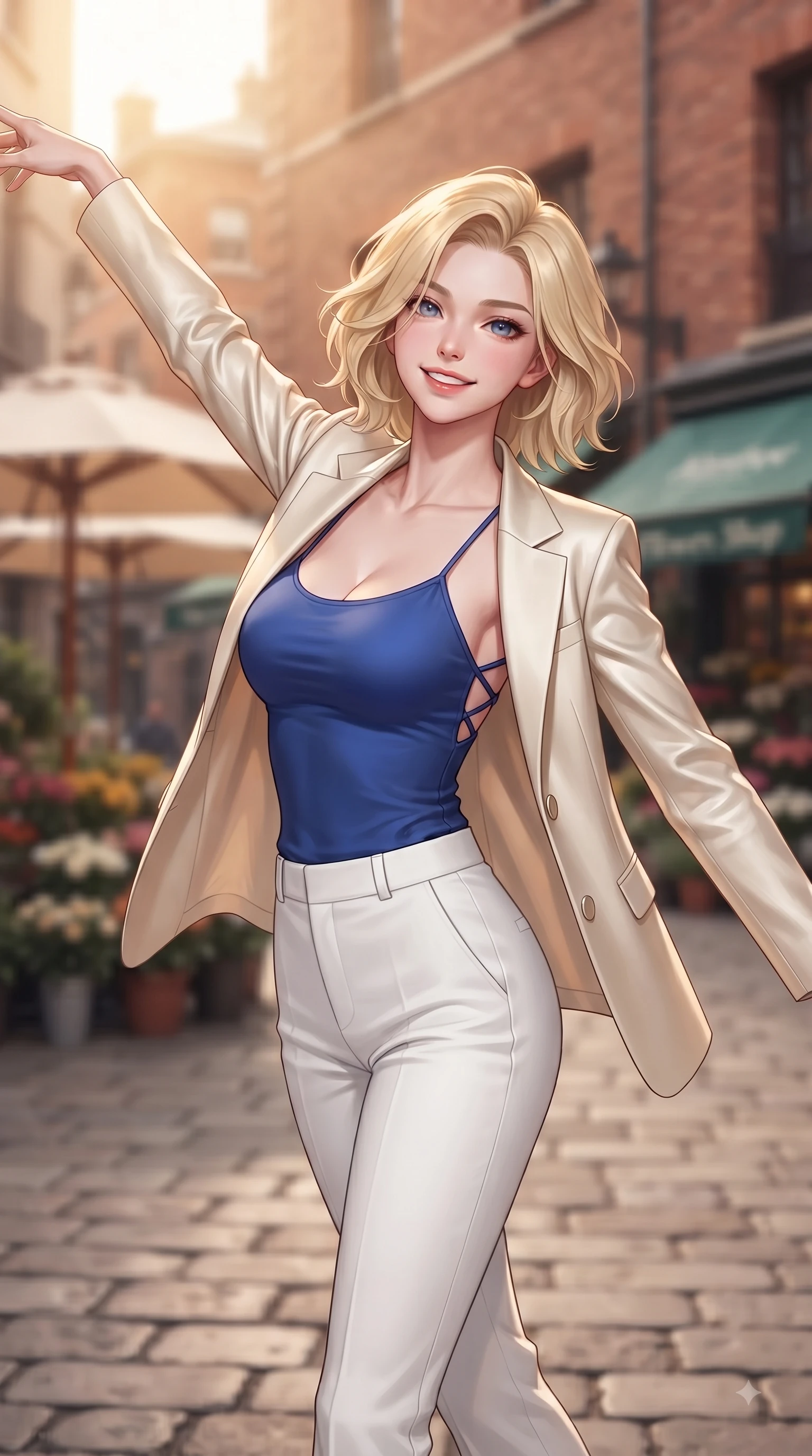 score_9, masterpiece, best quality, ultra-detailed, high-budget anime keyframe, editorial fashion photography, tasteful artistic composition, Caucasian woman. close-up cowboy shot from the waist and thighs up, the character dominates the composition, filling the frame with her large presence. Extending one arm in an elegant stretch toward the light while smiling with vibrant, youthful self-assurance while stepping along a historic paved square surrounded by vintage cafe umbrellas. The composition keeps background elements in soft focus with dreamy bokeh. terracotta brick facades and vintage flower shop awnings blurred into creamy background bokeh. She has an exceptionally elegant, slender, and willowy female figure with an ultra-slim waist, a gracefully sculpted slender torso, and a refined silhouette. sharp v-shaped jawline, high-bridge nose, intricate jewel-like eyes with depth, thick eyelashes, glossy lips with a natural sheen, flawlessly proportioned anatomical accuracy, natural body alignment, perfectly sculpted elegant limbs, clean dynamic posture without body distortion. wearing a tailored cream silk blazer over a fitted scoop-neck camisole and slacks in vibrant cobalt blue and crisp snow white, made of premium stretch jersey that follows her curves like a glove, finished with delicate criss-cross back straps highlighting her bare shoulders, the form-contouring material highlighting her ultra-slim waist and long lines. surrounded by a romantic, timeless, and scenic European street ambiance. ultra-reflective glossy finish, specular highlights, metallic sheen, high-contrast stereoscopic depth, volumetric dynamic lighting, 2k, ultra detail, master piece, 9:16 ratio