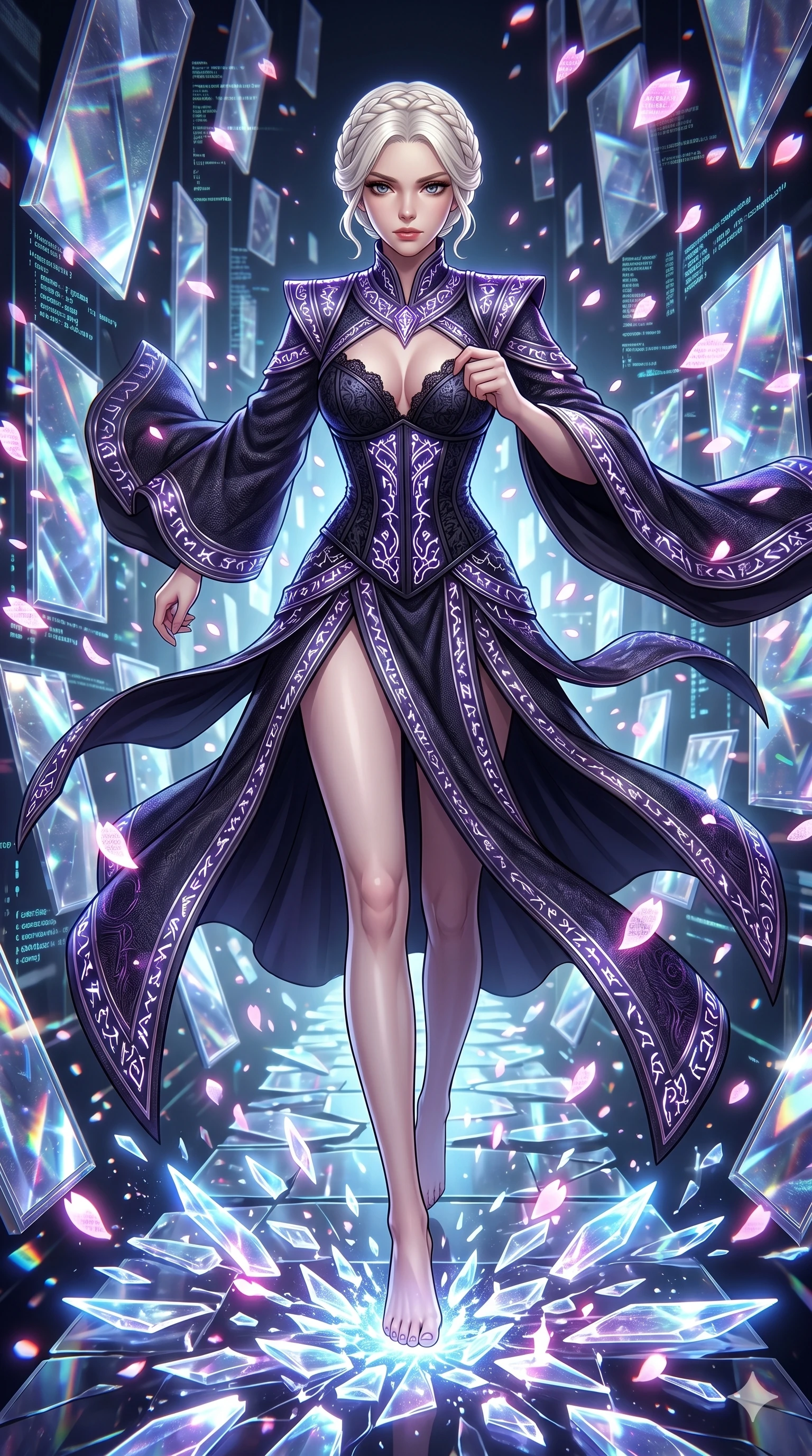 score_9, masterpiece, best quality, ultra-detailed, Set A: High-budget Anime Keyframe, Korean woman. Low angle cowboy shot filling the entire 9:16 frame with her statuesque presence. Sprinting through a dimension of floating mirrors, as the ground beneath her turns into 81 shards of light and surrounded by digital sakura petals. She has an absolutely perfect 8-heads proportion, an exceptionally tall and slender female figure with impossibly long slender legs and an ultra-slim waist. Sharp v-shaped jawline, high-bridge nose, intricate jewel-like eyes with depth, thick eyelashes, glossy lips with a natural sheen. Wearing Dark sorceress robes with glowing runes and a deep-cut lace corset. Cinematic lighting, vibrant colors, dramatic shadows, 2k, ultra detail, master piece, 9:16 ratio