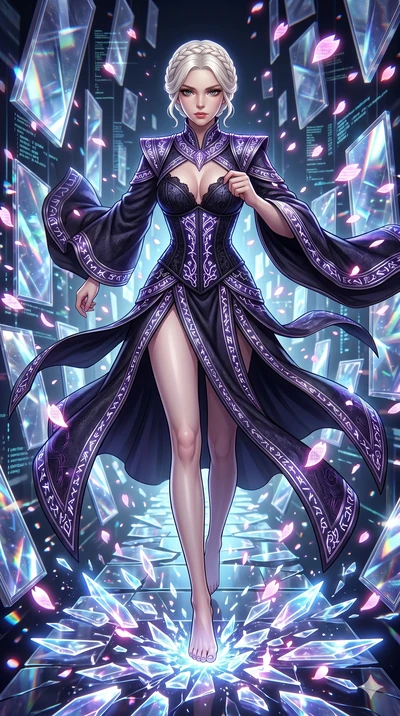 score_9, masterpiece, best quality, ultra-detailed, Set A: High-budget Anime Keyframe, Korean woman. Low angle cowboy shot filling the entire 9:16 frame with her statuesque presence. Sprinting through a dimension of floating mirrors, as the ground be